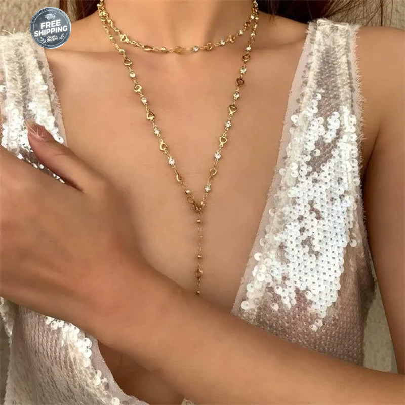 Trendy Gold Silver Color Glass Long Y-Shaped Necklace Metal Collarbone Chain