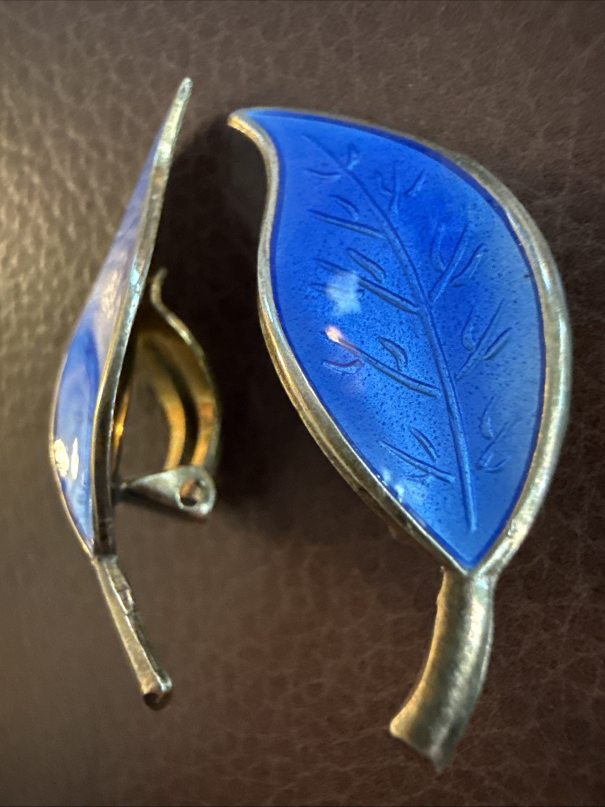 David Andersen Leaf Earrings Guilloche Blue Enamel Sterling Silver Norway 925S