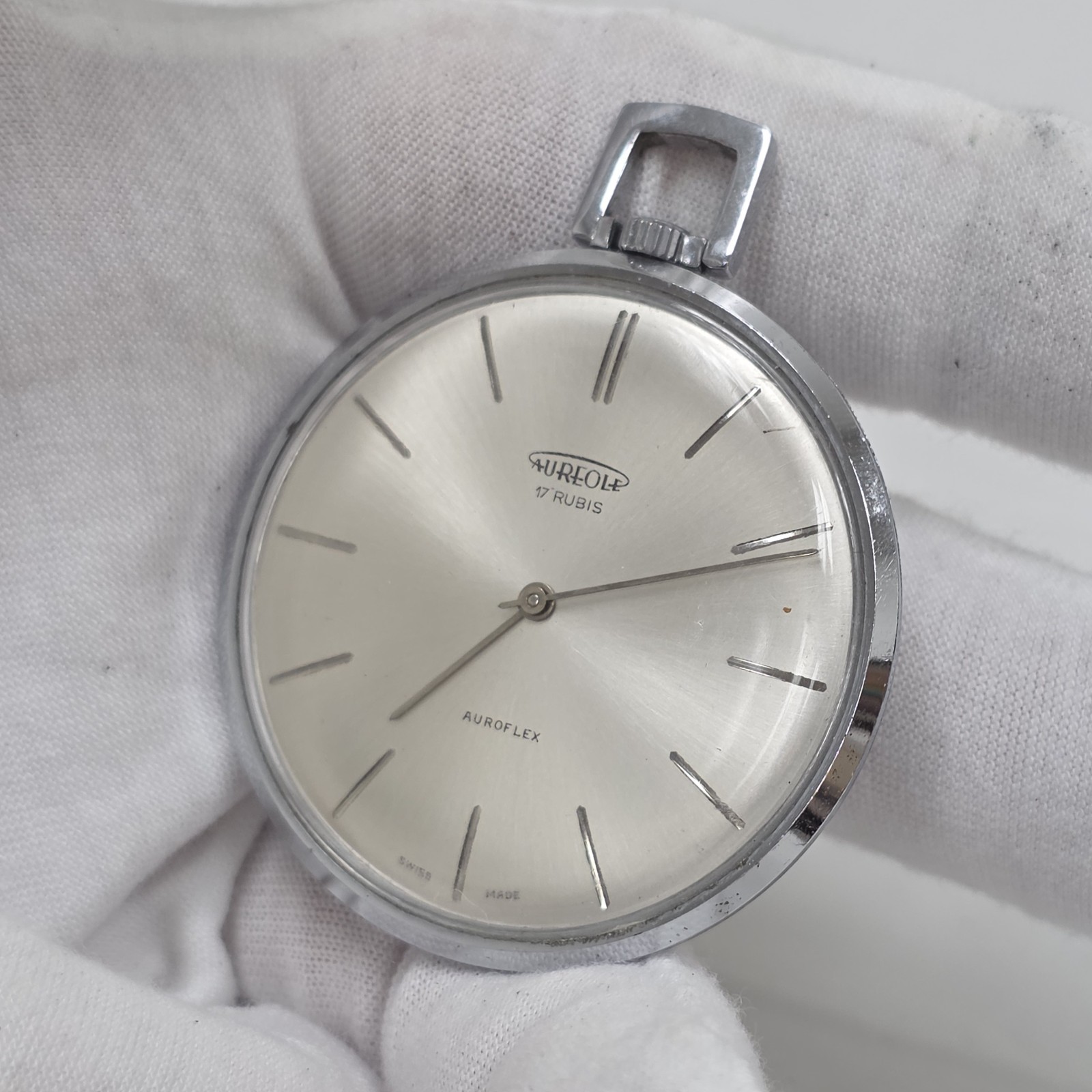 Vintage Aureole Pocket Watch Slim Silver Tone Auroflex Mechanical Wind Up Swiss