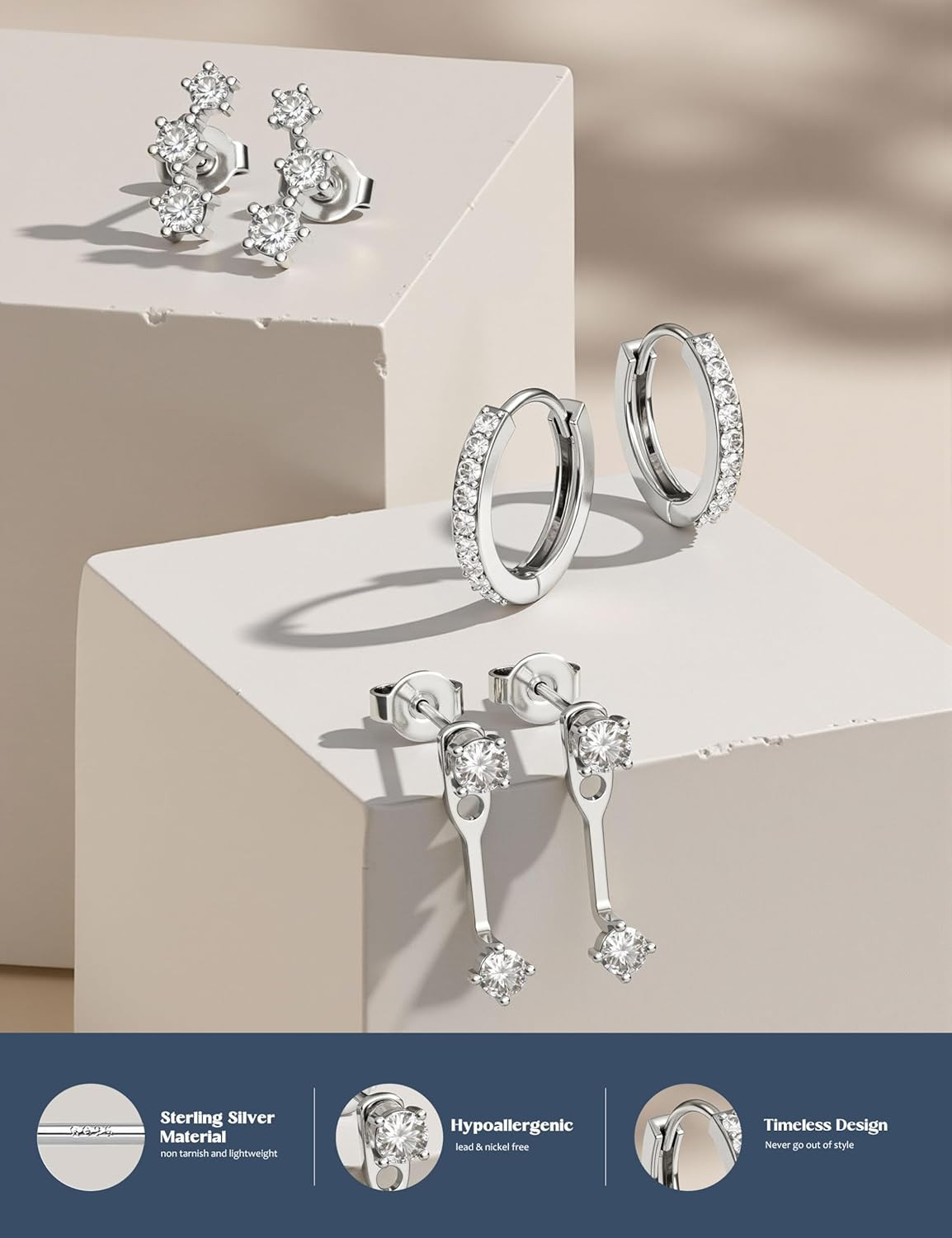 3 Pairs 925 Sterling Silver Hypoallergenic Earrings for Women Trendy – 14K Gold