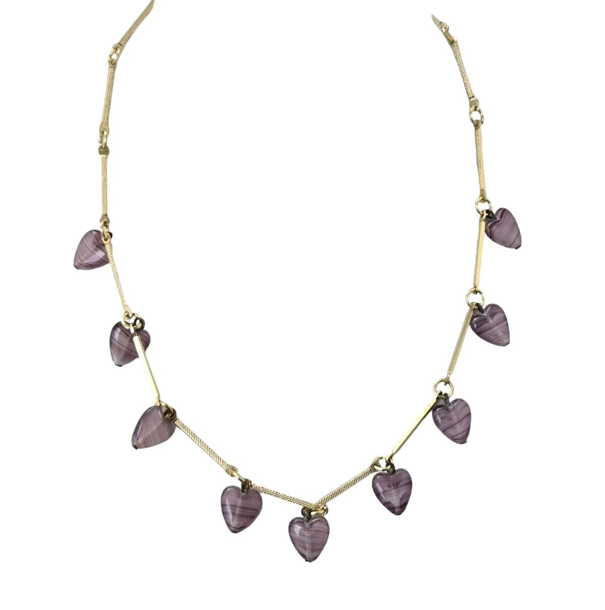 Vintage Gold Tone Fancy Bar Necklace w/ Dangling Amethyst Glass Hearts