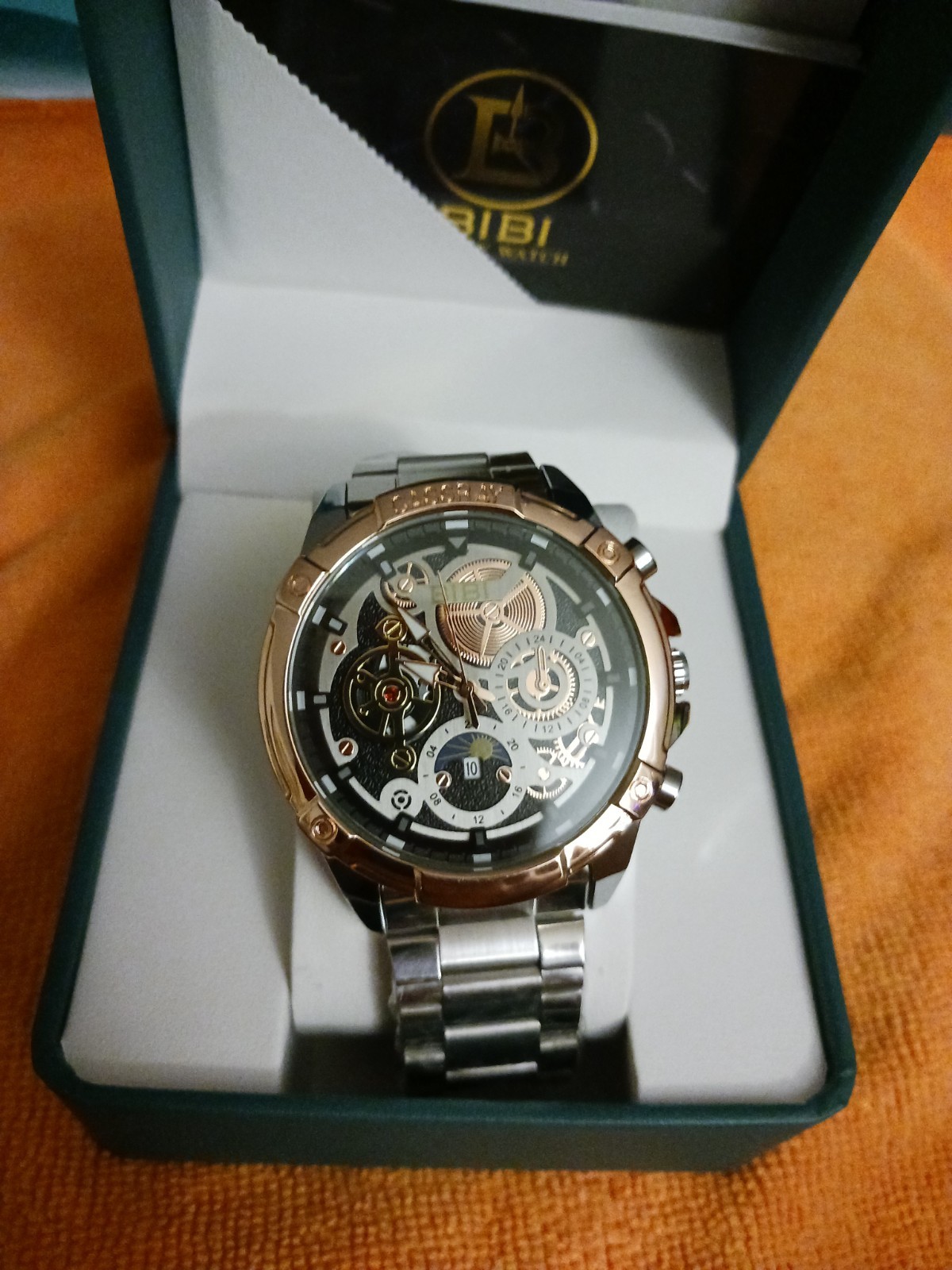 Bibi Cassray Men’s Luxury Watch; Black Dial Rose Case Silver Band B0201
