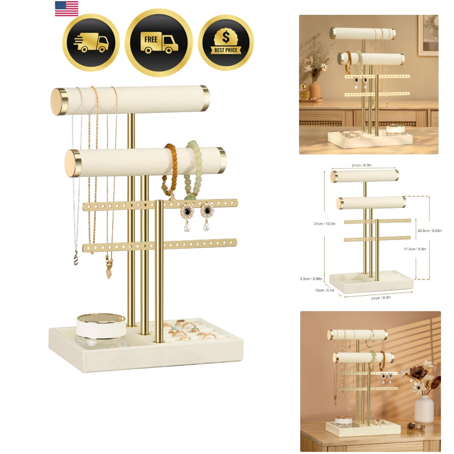 3 Tier Bracelet Holder Display – Detachable T Bar Beige Velvet Bracelet Holde…