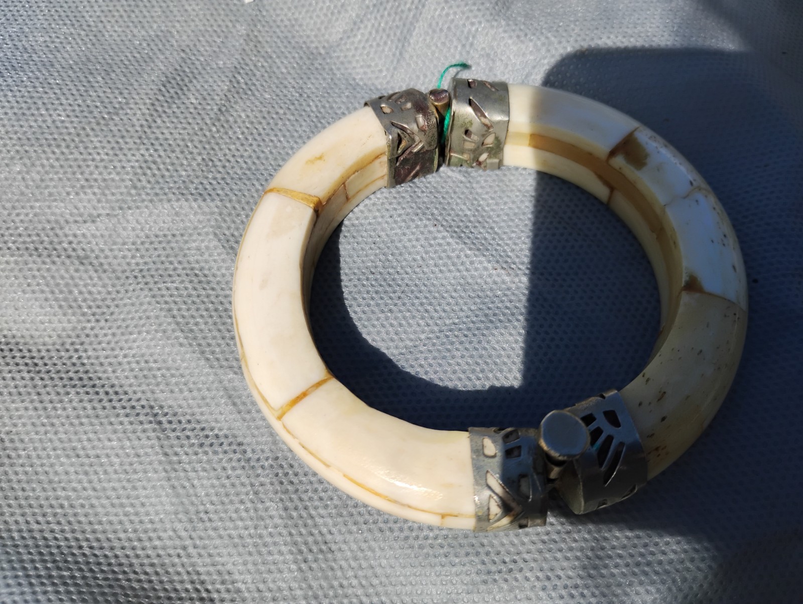 Antique Bovine Water Buffalo Carved Bone Metal Hinged Bangle Bracelet Pre-Loved