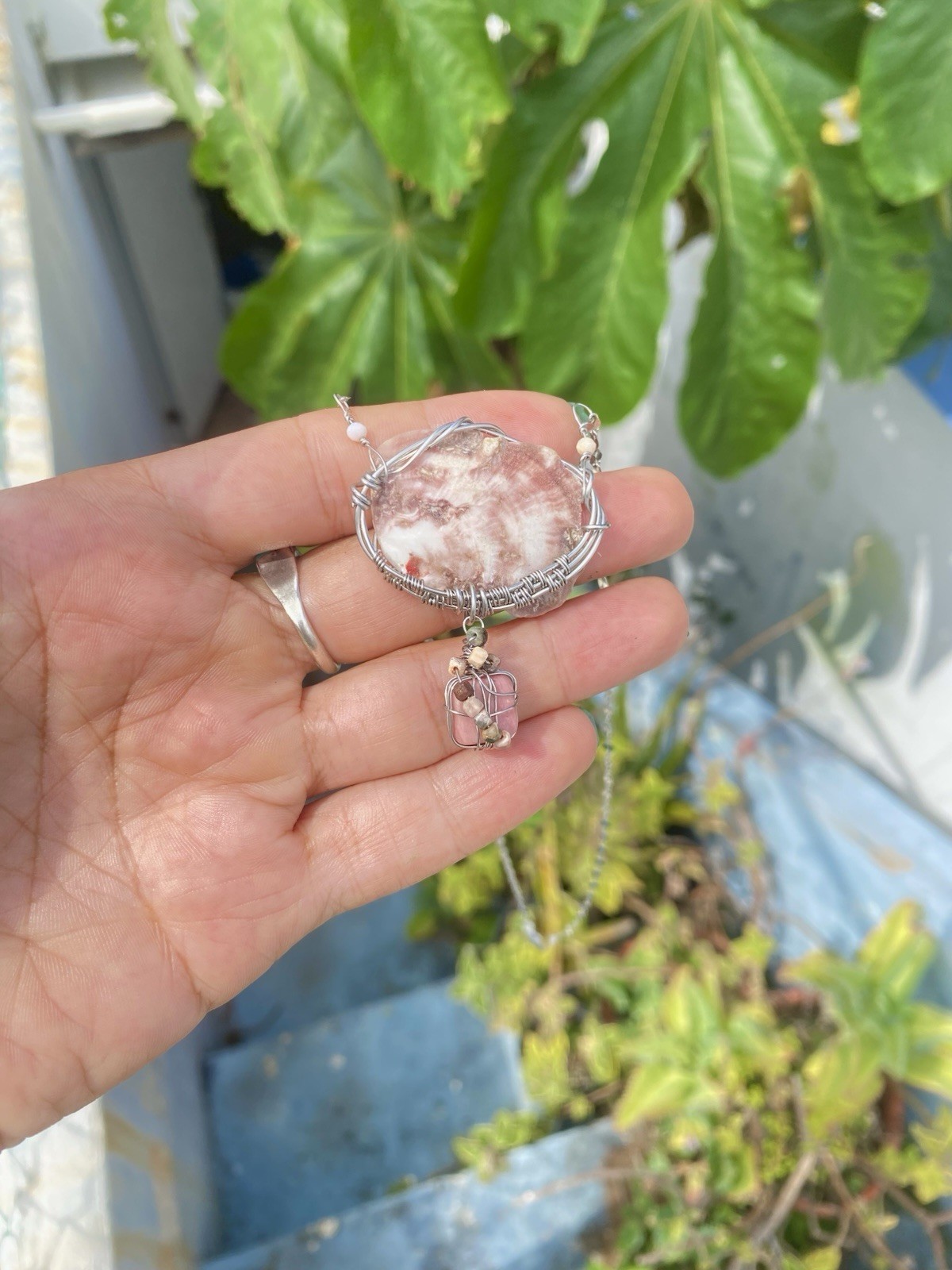 Handmade Aguadilla Seashell Necklace – Unakite & Jasper – Wire Wrapped Steel