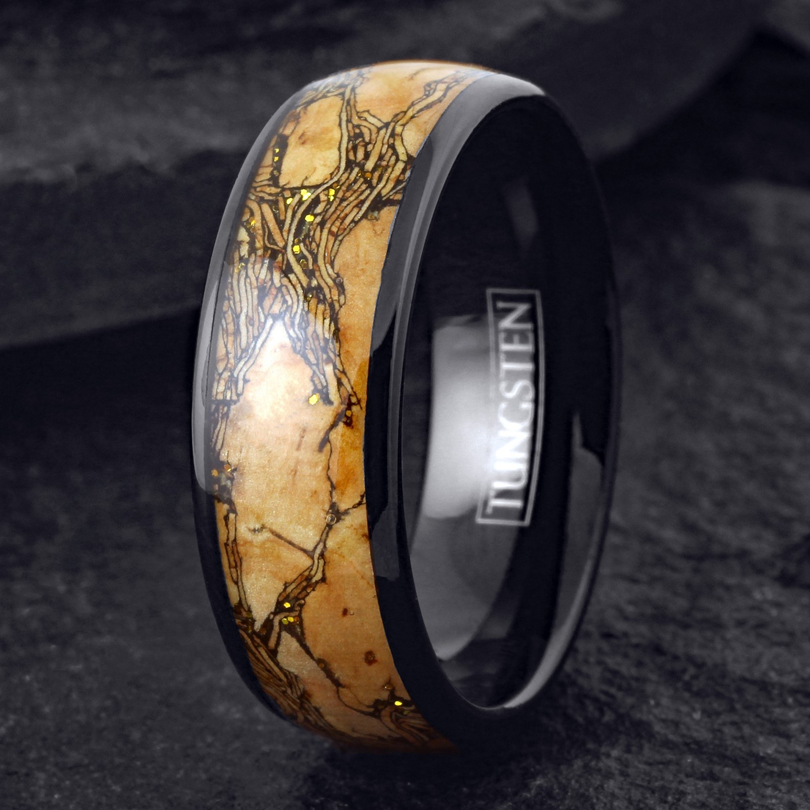 8mm Black Tungsten Carbide Wood w/ Black Grain Wedding Band Ring