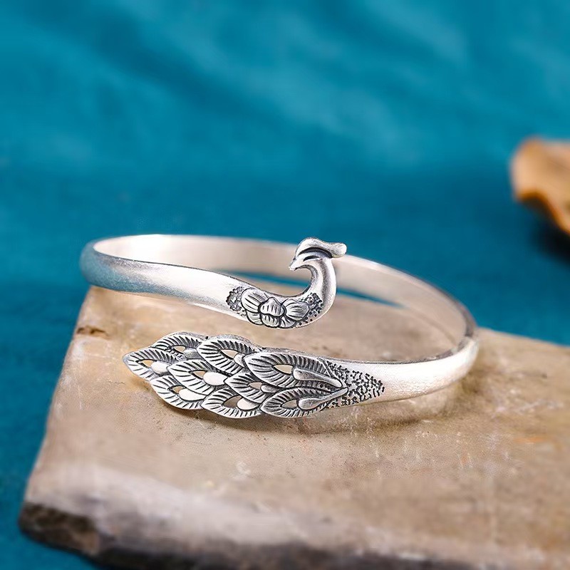 Pure S990 Fine Silver Bracelet Women Phoenix Open Bangle 25-26g ID:56mm