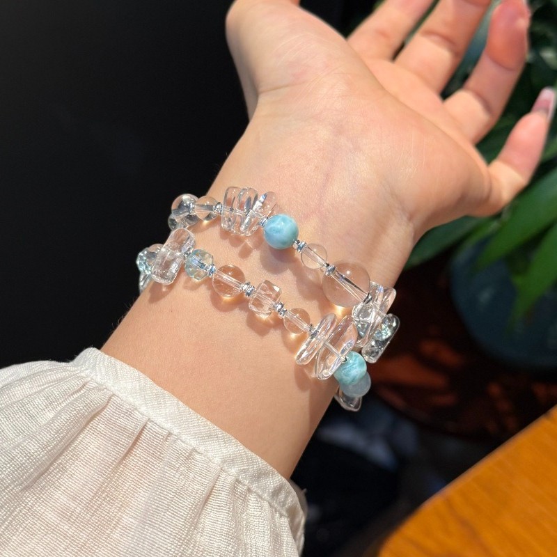 Natural White Crystal with Larimar Original Design Handmade Bracelet