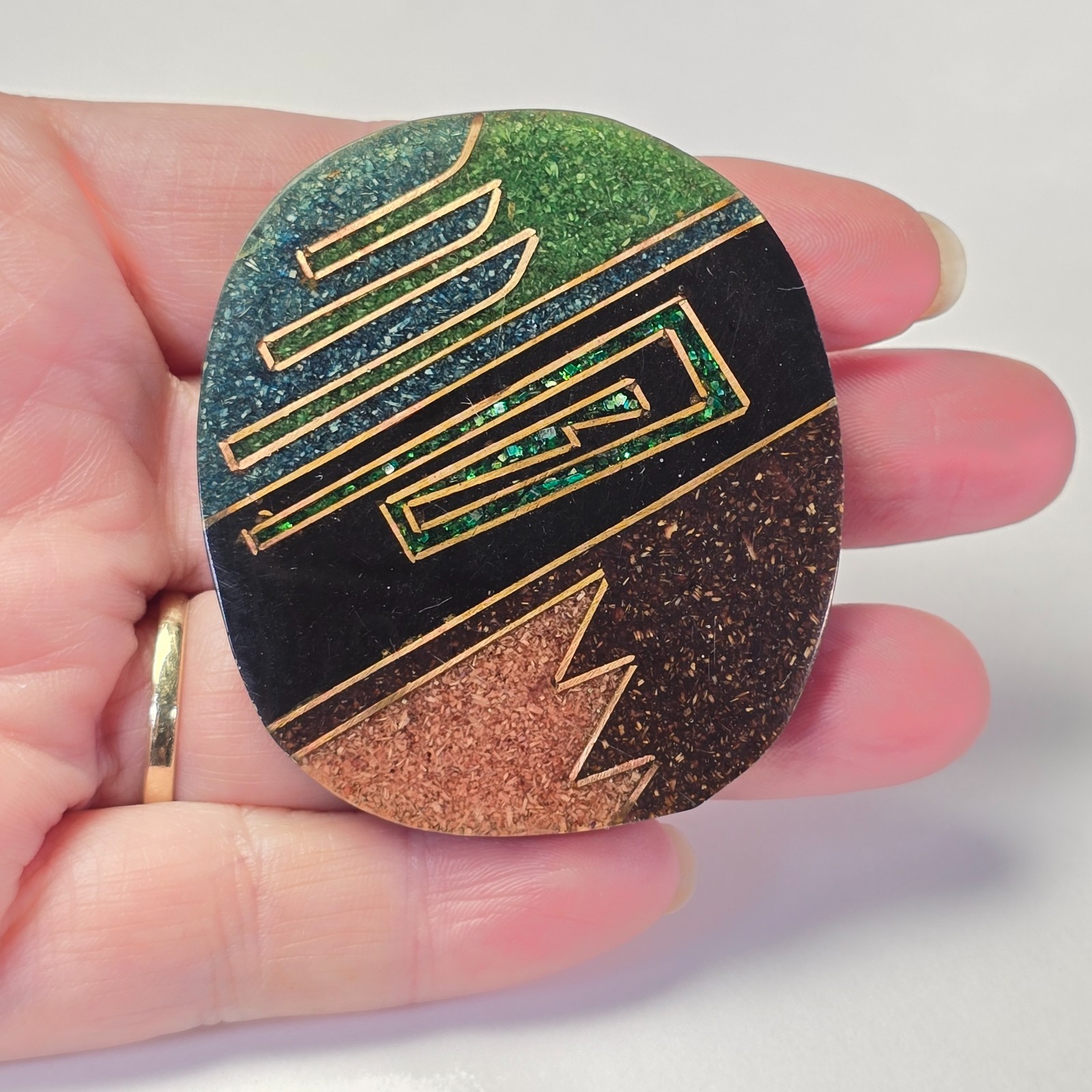 Vintage 80s Abstract Geometric Inlay Brooch Copper Line Resin Stone Southwest