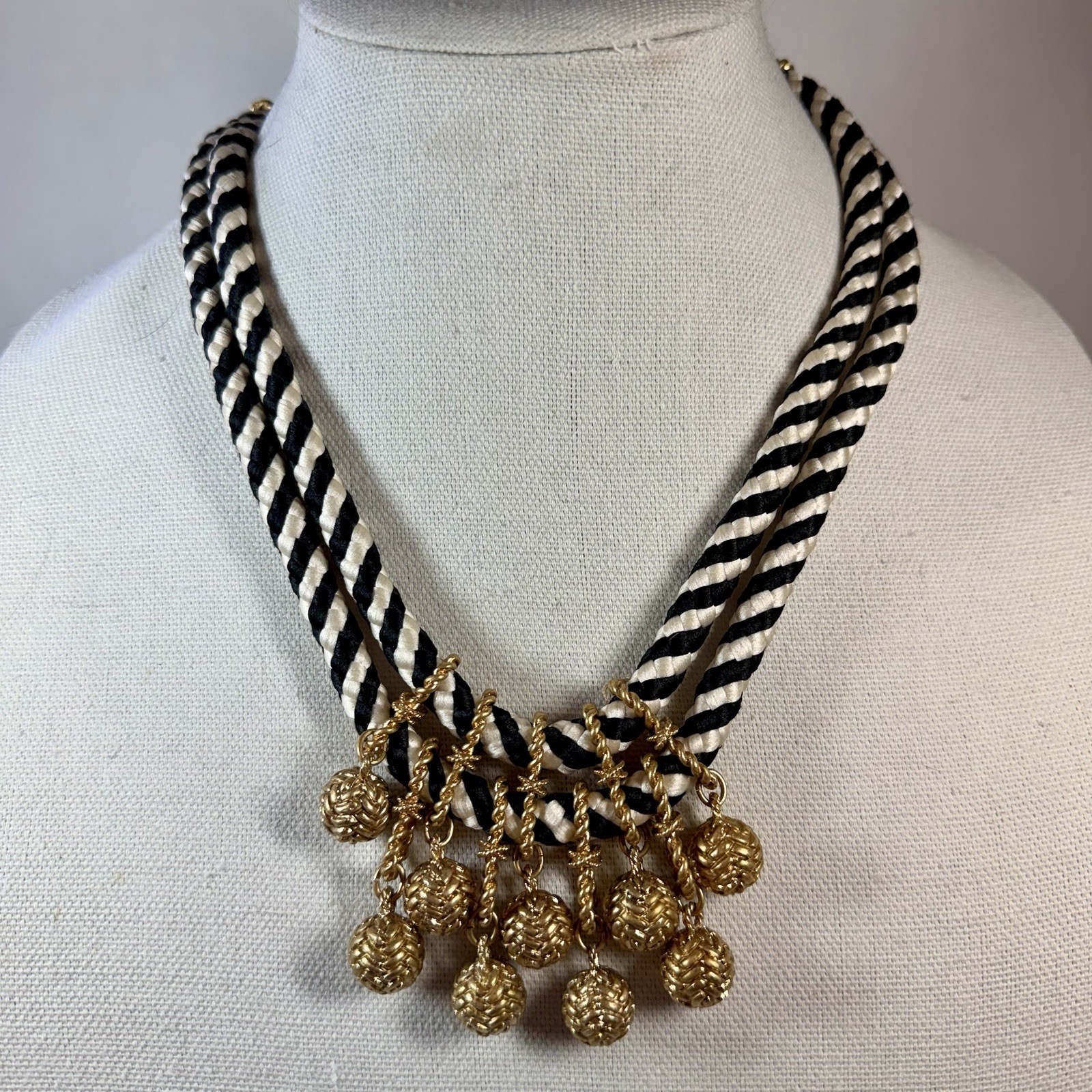Stella & Dot Kalani Statement Necklace Black White Gold Rope Ball Knots 16–20”
