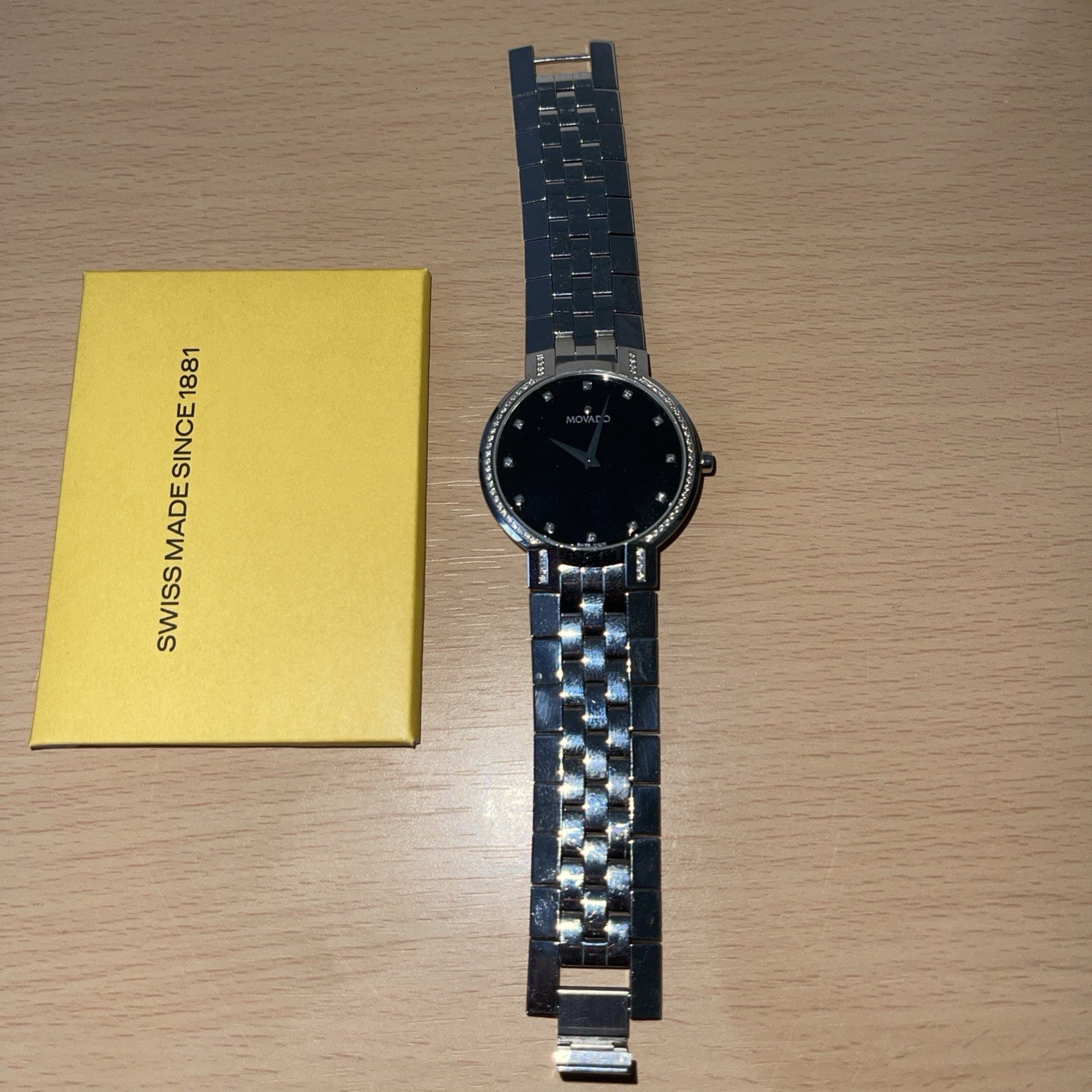 Womens Movado Faceto Black Dial Stainless Steel With Diamonds