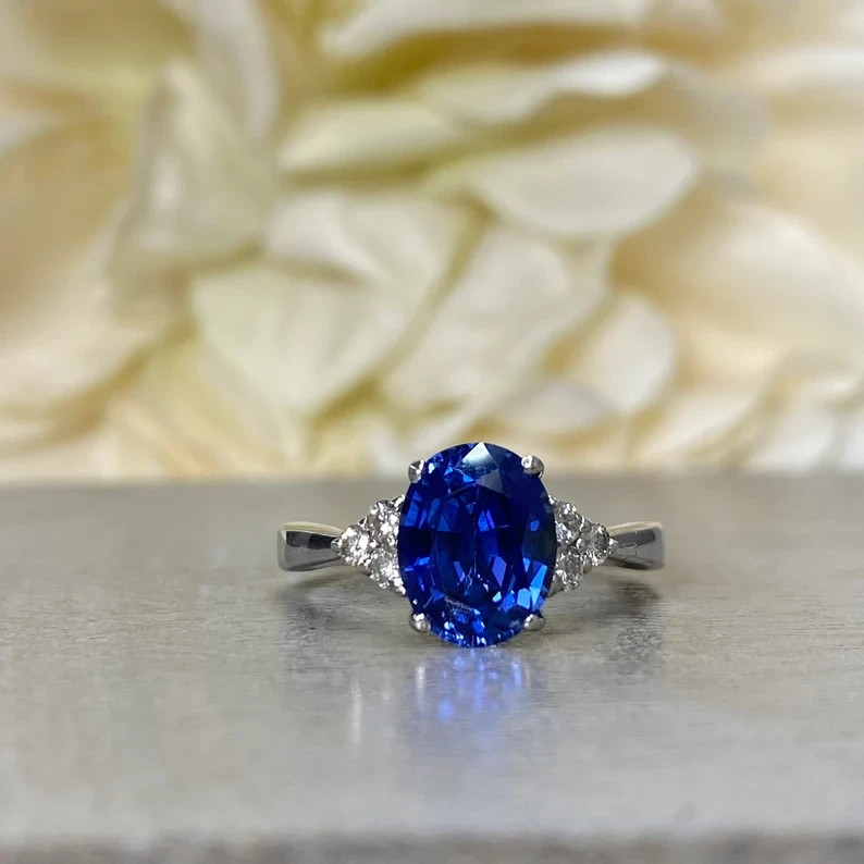 3.80 Ct Oval Natural Sapphire & Diamond Wedding Ring 14K White Gold Size 6