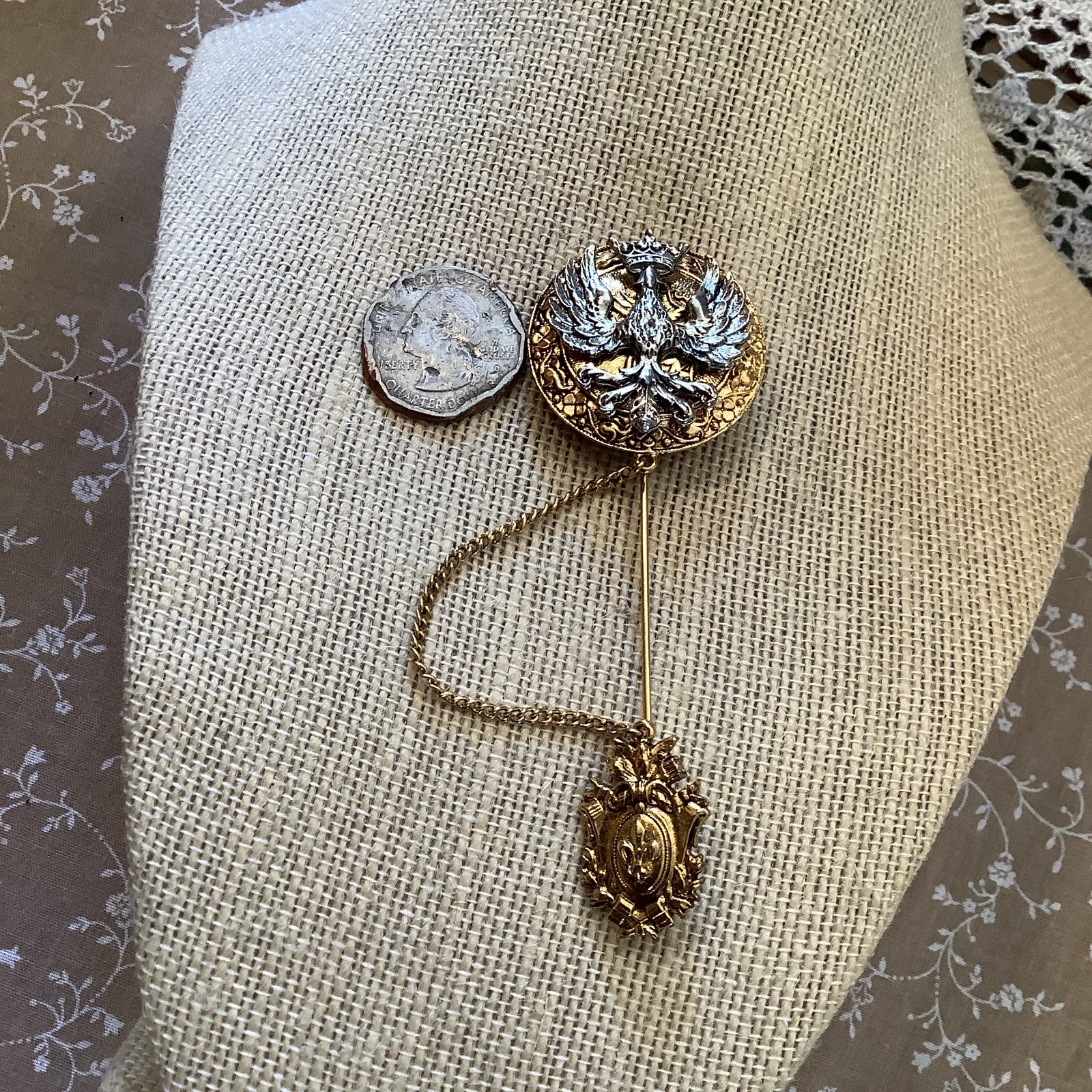 Arthur Pepper gold silver crown Fleur De Lis Eagle lapel stick pin Medieval king