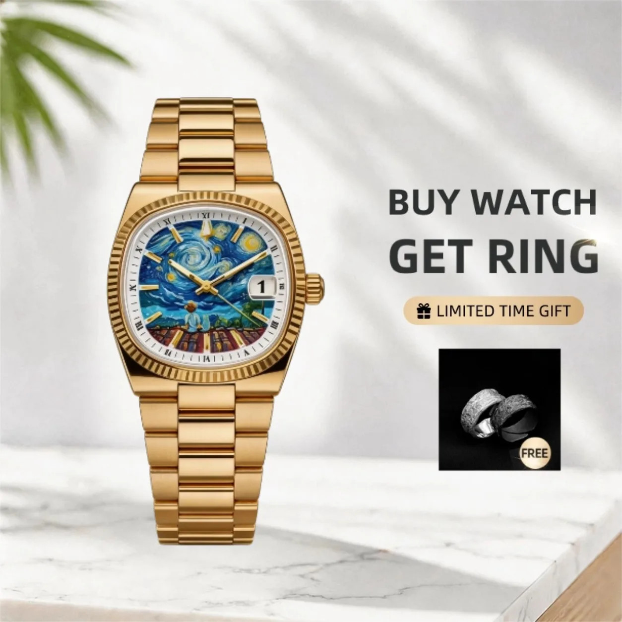 CILOA 518 Men’s Square Art Dial Quartz Watch Steel Calendar 3Bar