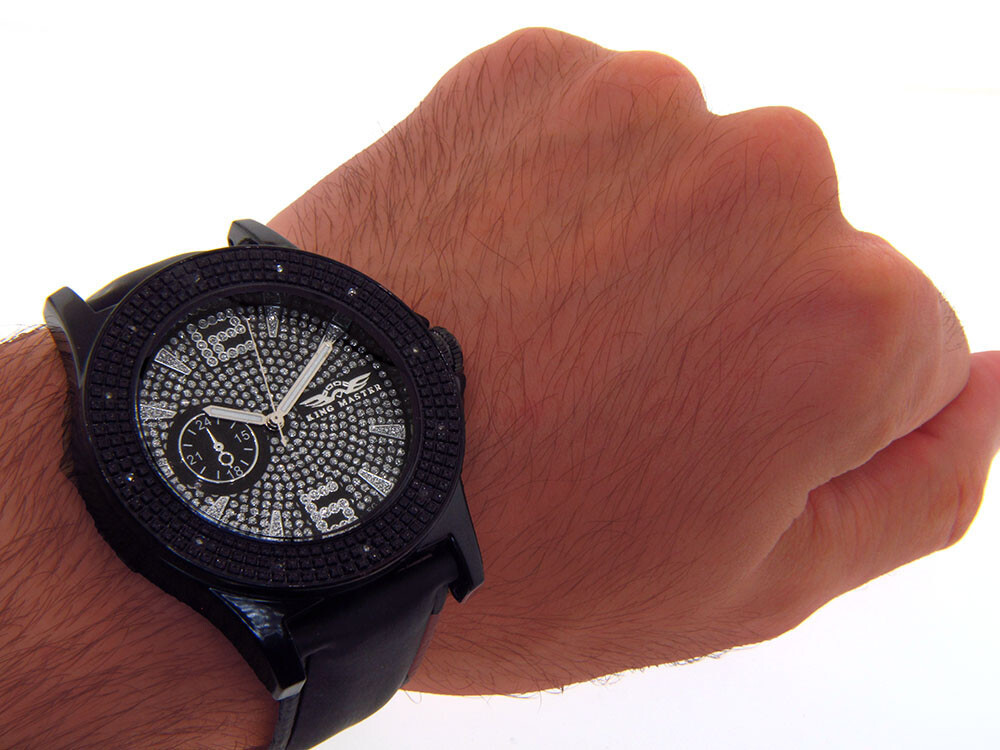 KING MASTER DIAMOND WATCH BLACK FACE LARGE BLACK CASE BAND SUPER TECHNO JOJINO