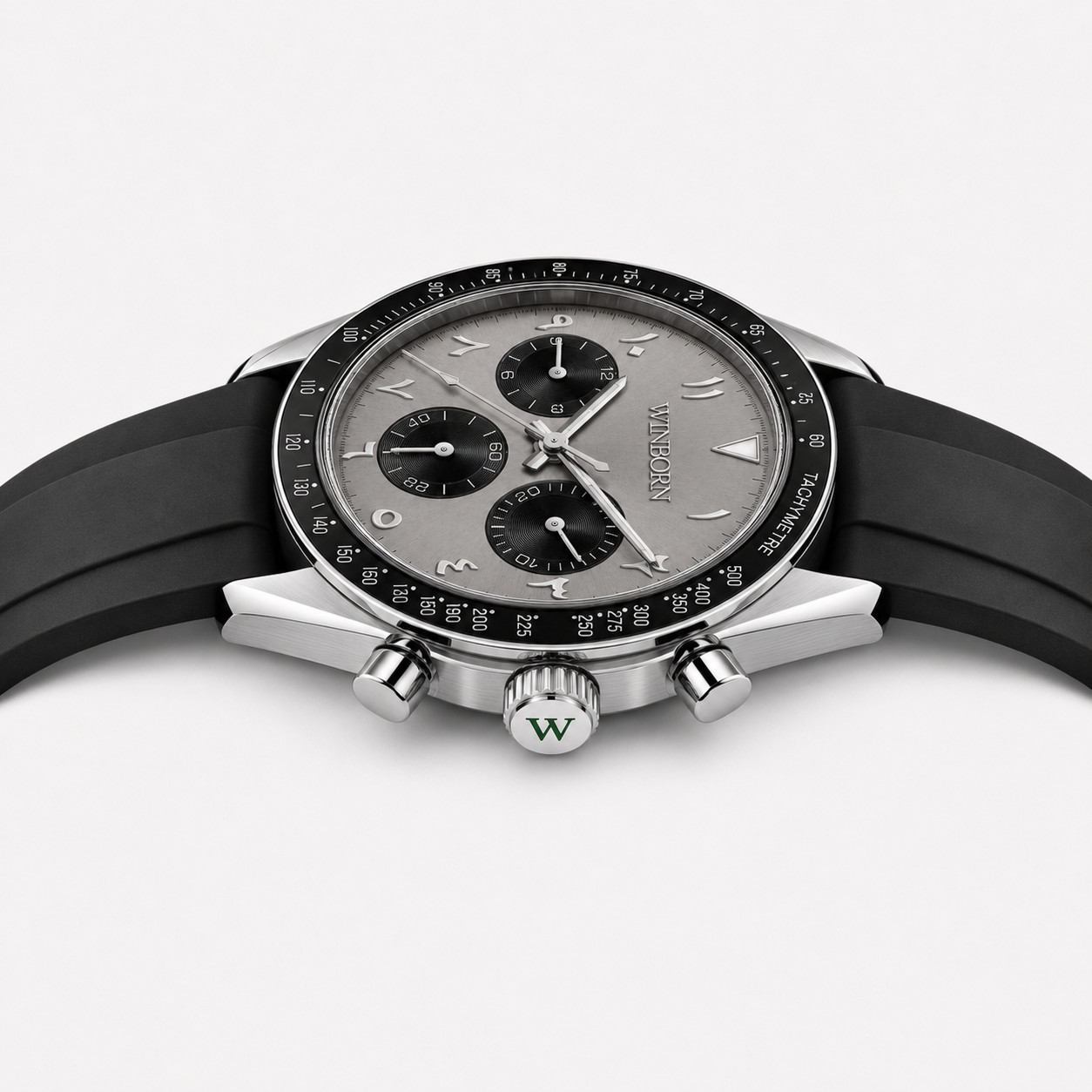 Winborn Arabic Numeral Dial Chronograph Watch Rubber Strap Tachymeter VK63 41mm
