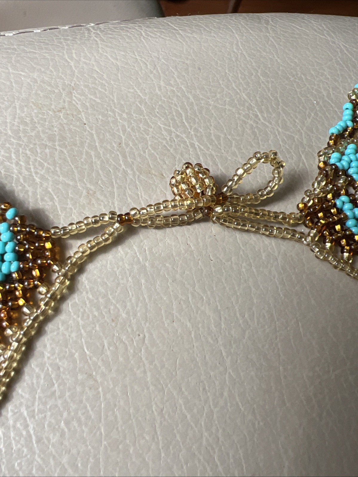 Beautiful Handmade Blue /brown/Yellow Seed Beaded Collar 16.5” Necklace