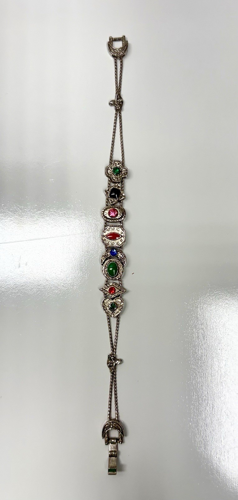 VTG Victorian Revival Slider Charm Bracelet Silvertone Rhinestones Enamel 7 1/4″