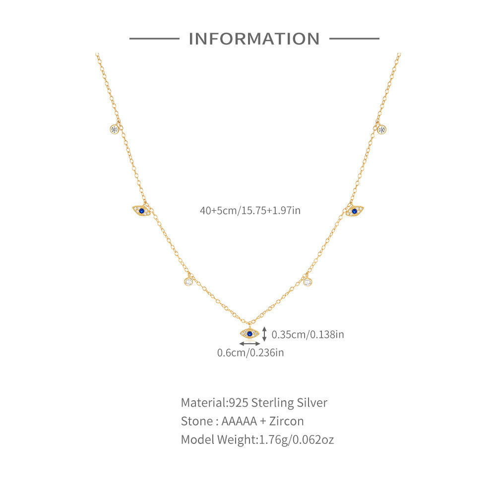 Gold Plated 925 Sterling Silver Blue CZ Evil Eye Station Necklace for Women