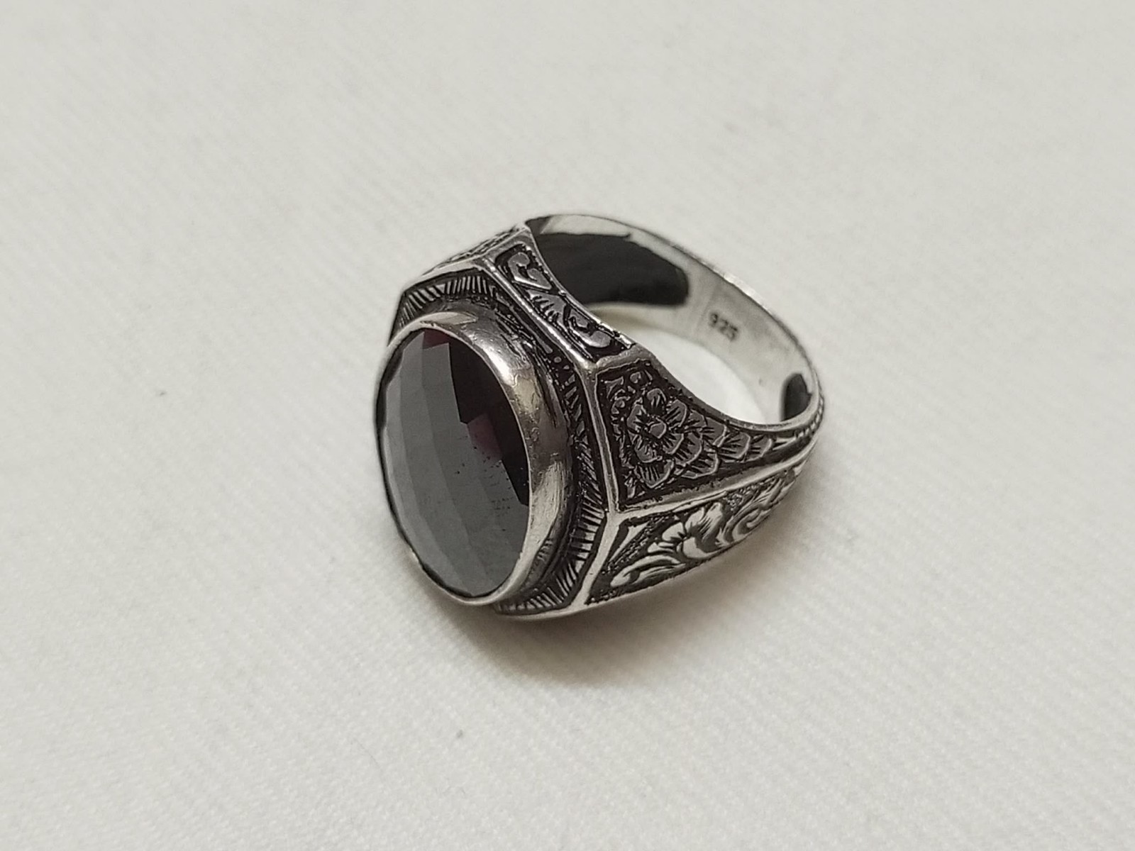 Vintage Turkish Men’s Ring 925 Sterling Silver Black Onyx Carved Engraved 18.4g
