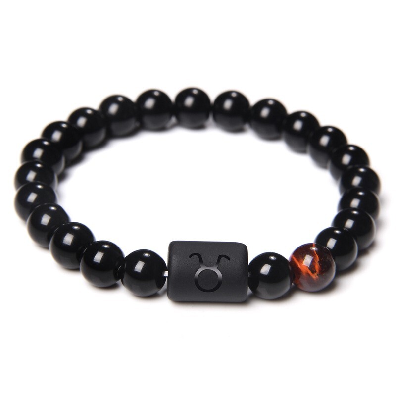 Zodiac Sign Natural Black Stone Beaded Elastic Stylish Bracelet Astrological