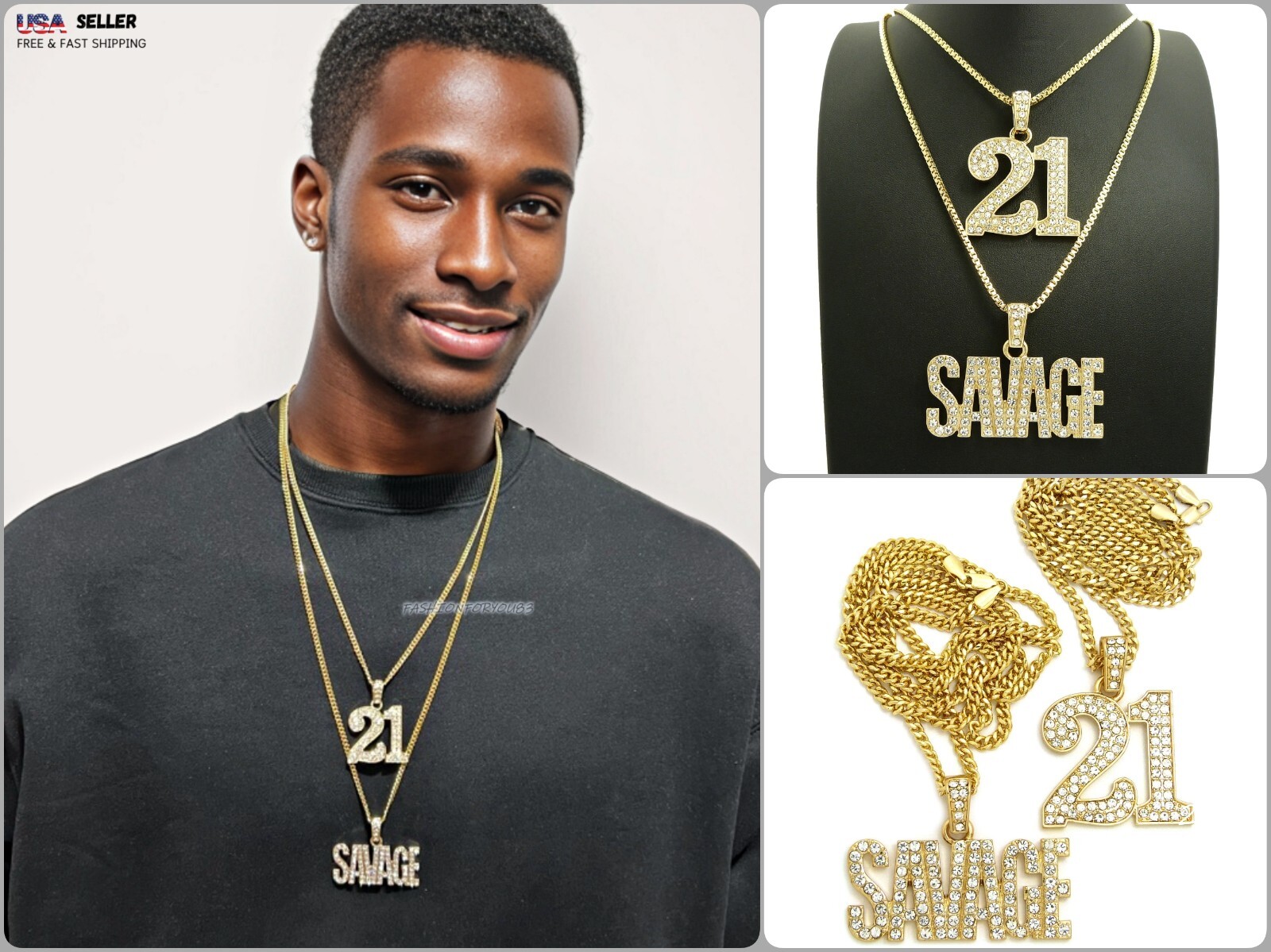 Hip Hop Number 21, Savage Pendant 24″,30″ Box, Cuban Chain Necklace Set