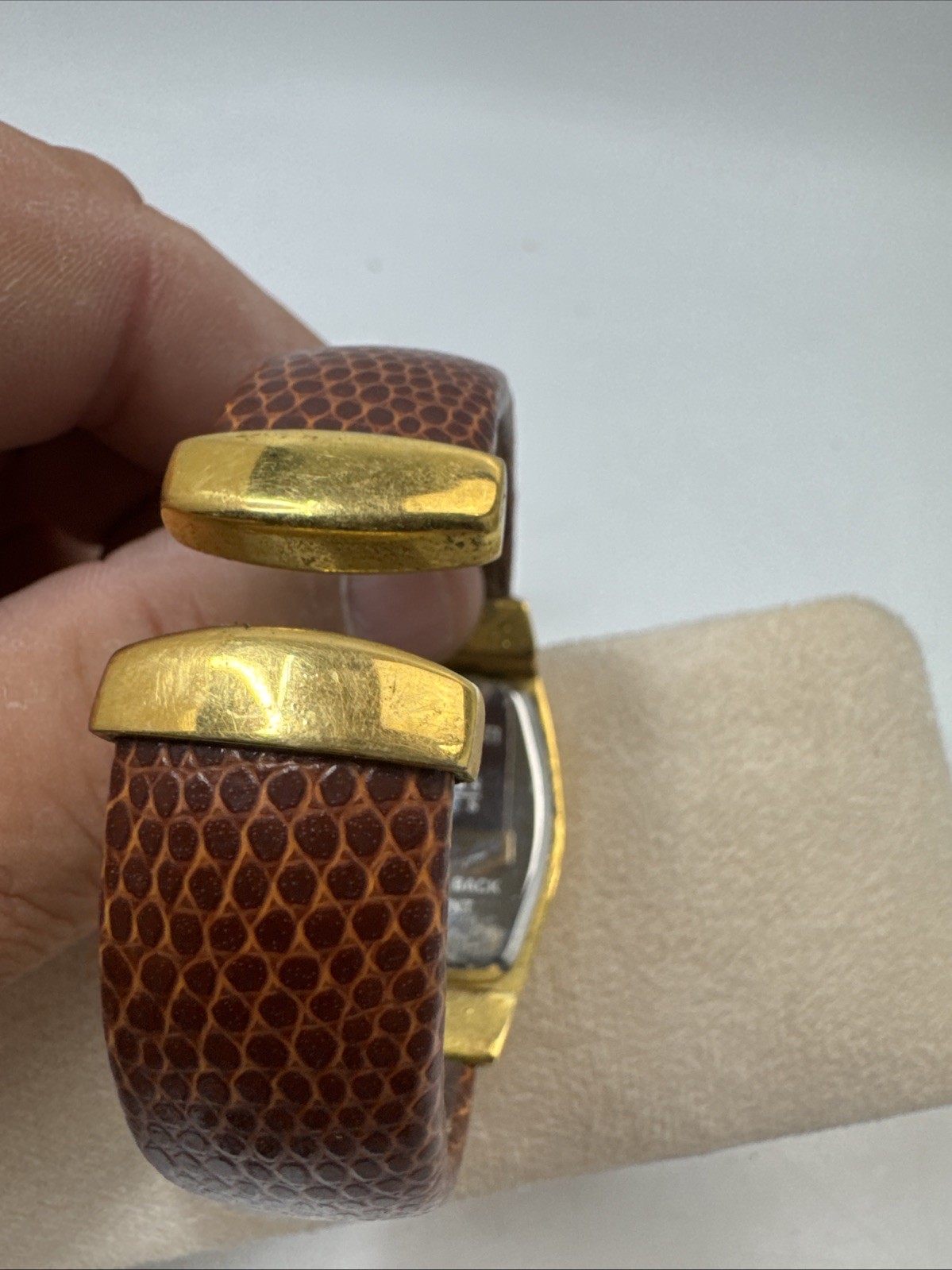 Vtg Joan Rivers Classics Watch Gold Tone Green Leather Open Cuff Bangle V377
