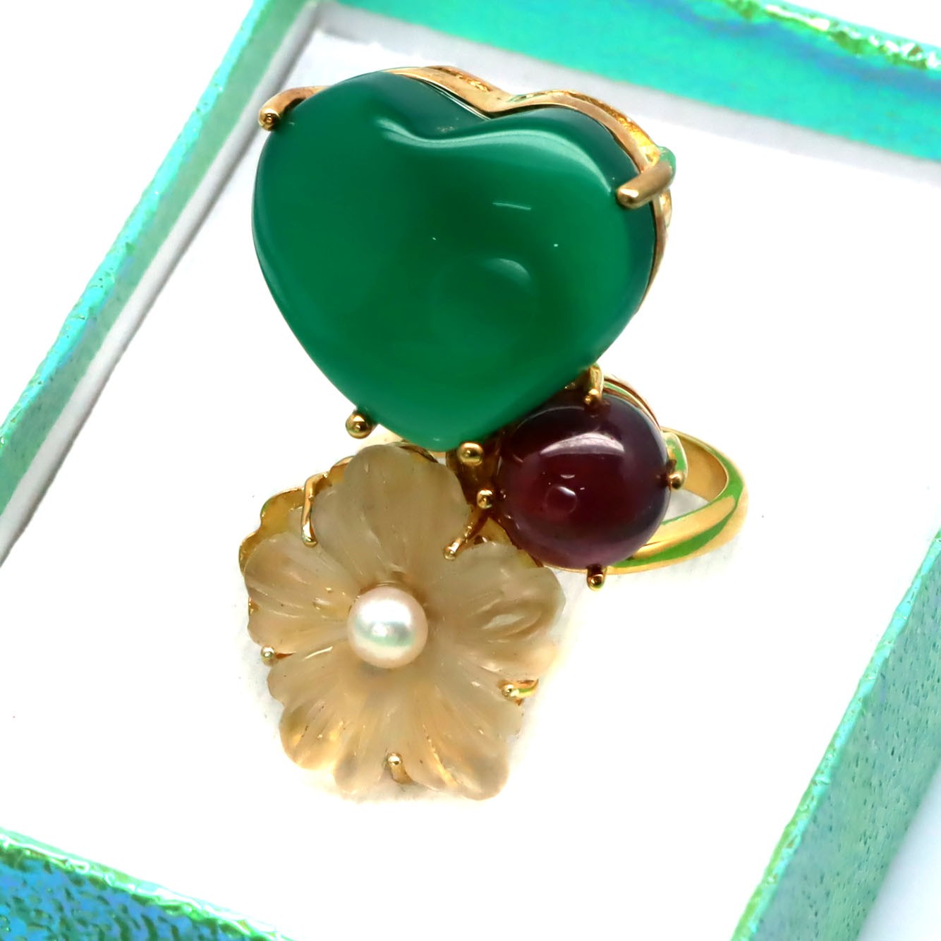 925 Silver 19 x 22 MM. Green Agate (40.55 ct.) Quartz Ruby Pearl Jewelry Ring