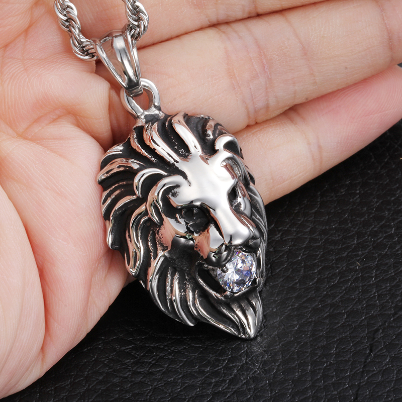 Mens Gift Stainless Steel Cool Lion Head CZ Charm Pendant Rope Necklace chain