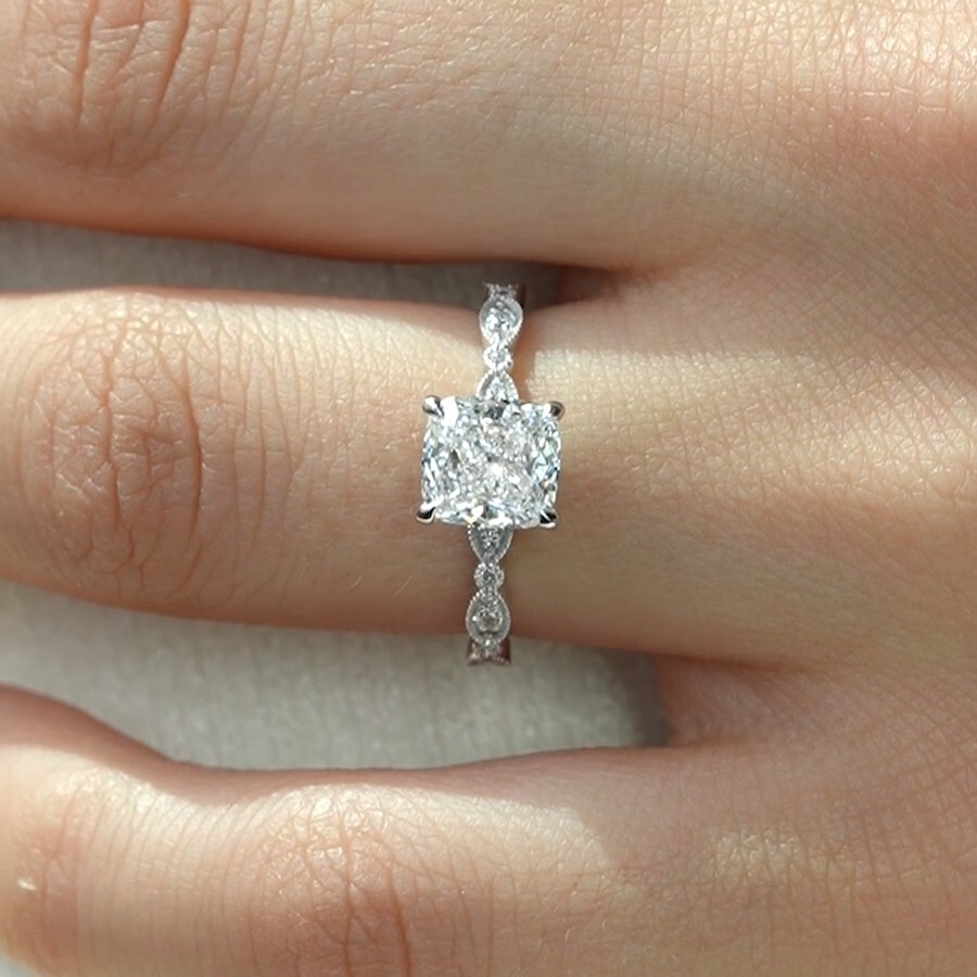 2.09 TCW Cushion Cut Moissanite Milgrain Engagement Ring 14k White Gold Plated