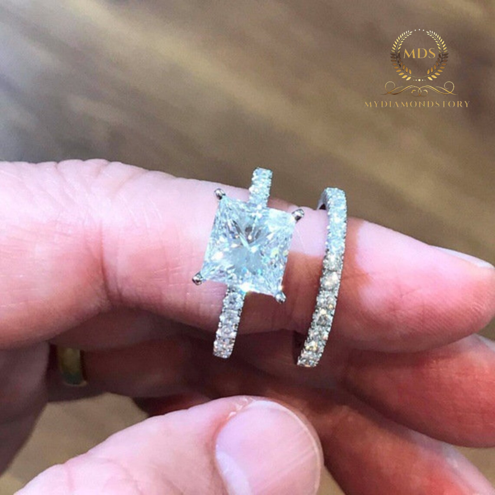 3 Carat Princess Cut Moissanite Bridal Set Engagement Ring Solid 14K White Gold