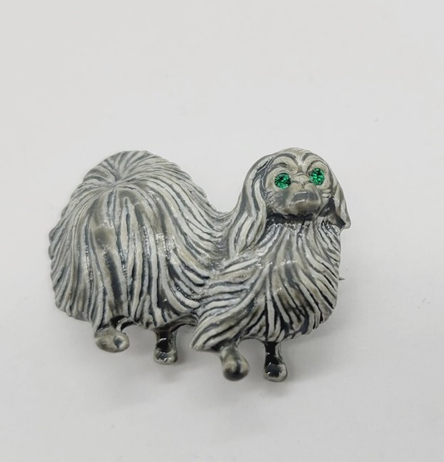 Shih Tzu Dog Brooch Pin Rhinestone GREEN Eyes signed Gerry’s Vintage