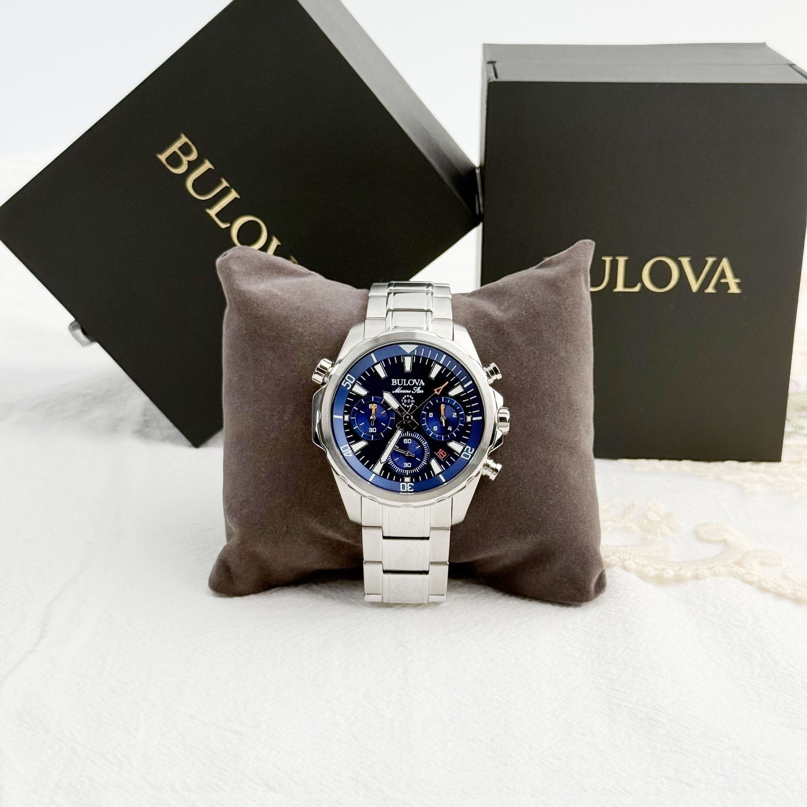 Buluva 96B256 Men’s Marine Star Chronograph Blue Dial Stainless Steel Watch 43MM
