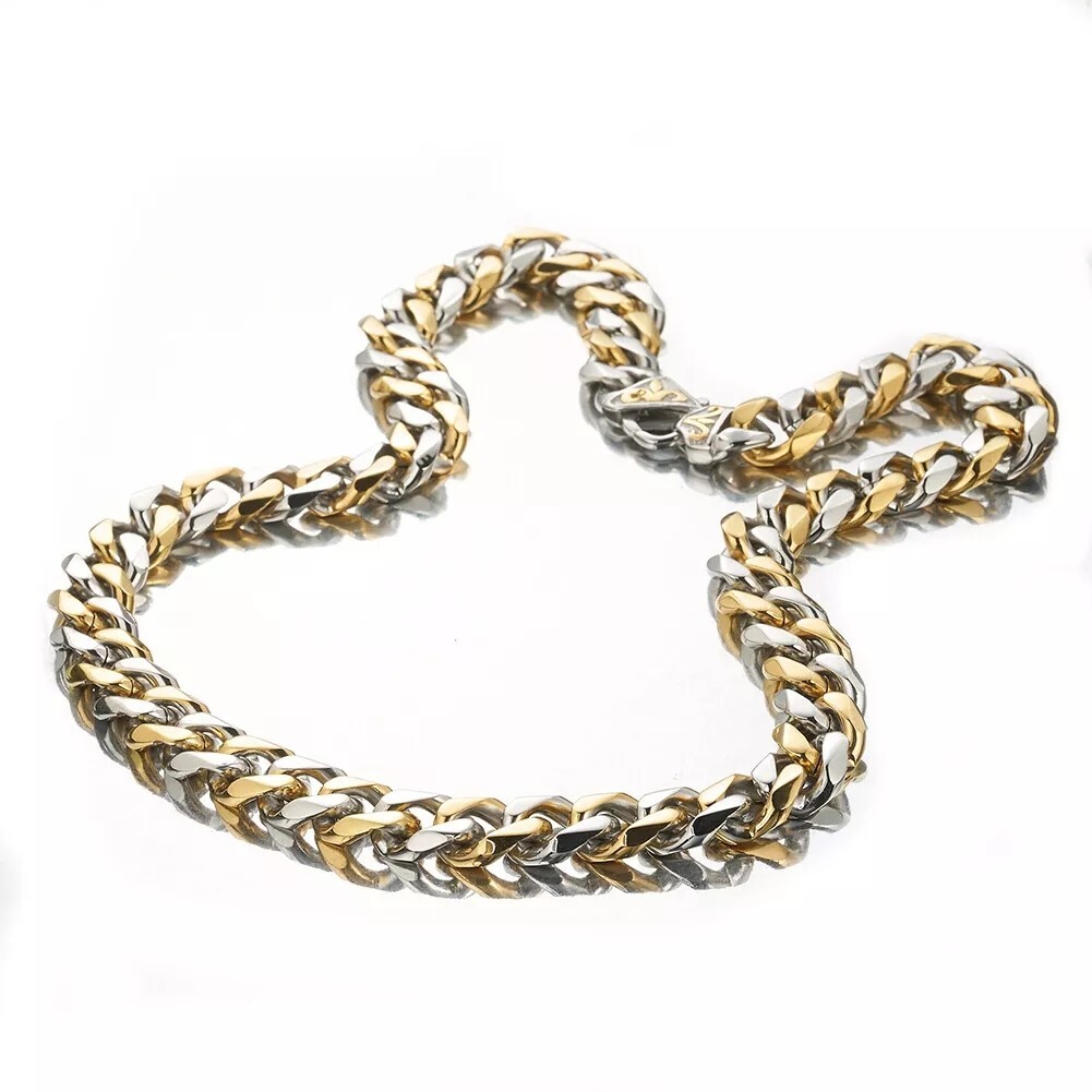 Men’s Black/Silver Tone Stainless Steel Curb Cuban Link Chain Necklace 16″-40″