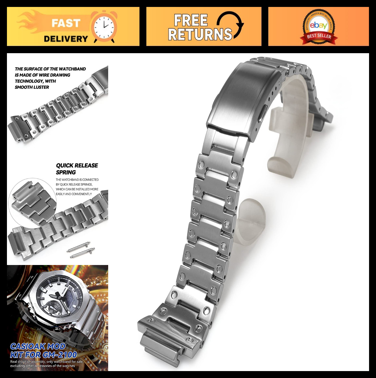 Quick Release Metal Watchband for G-SHOCK GM2100, 316 Stainless Steel Strap