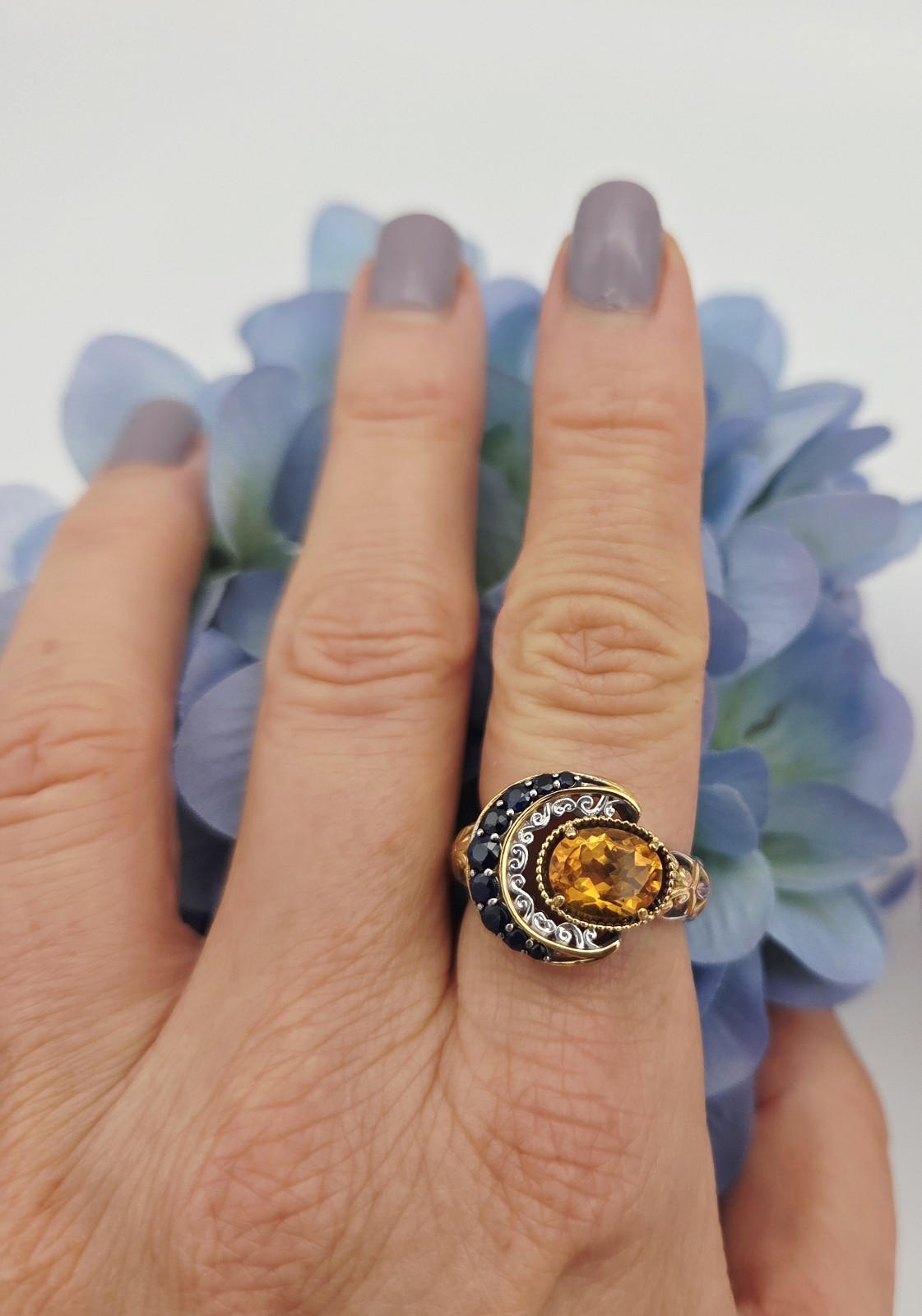 GEMS EN VOGUE Moon and Stars Ring Citrine & Sapphire Designer Sz 8 925 Valitutti
