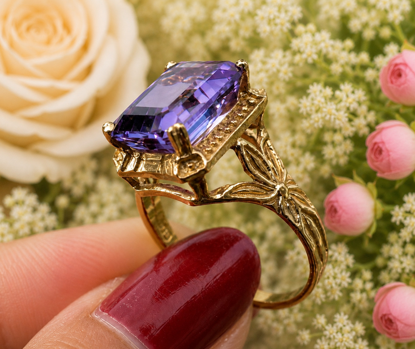 4Ct Emerald Cut Lab Created Amethyst Halo Engagement Ring 14K Yellow Gold Plated