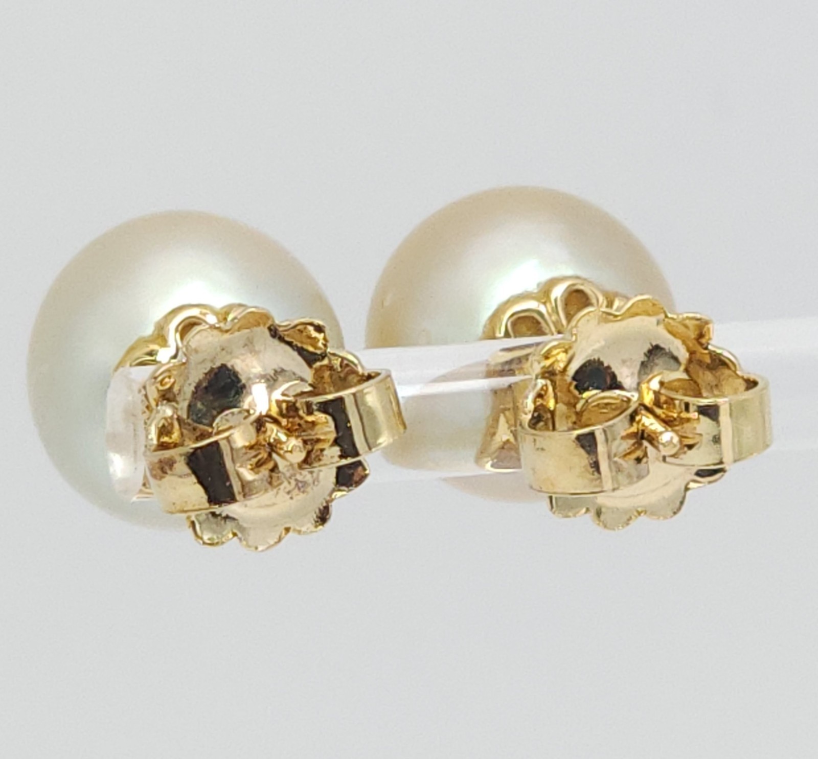 18K Yellow Gold South Sea Cultured Cream Champagne Pearl 12mm Stud Earrings 7g