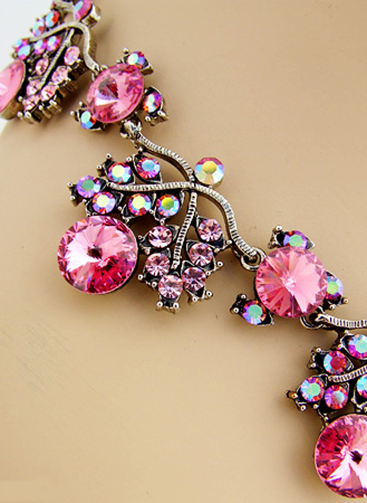 ONYX 18 in PINK A/B CRYSTAL NECKLACE PIERCED EARRINGS SILVERTONE JEWELRY SET NEW