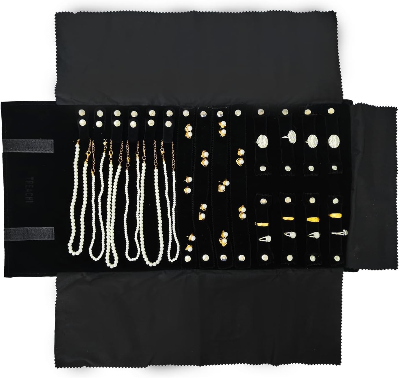 Portable Jewelry Organizer Roll Bag Black Velvet Adjustable Foldable Design