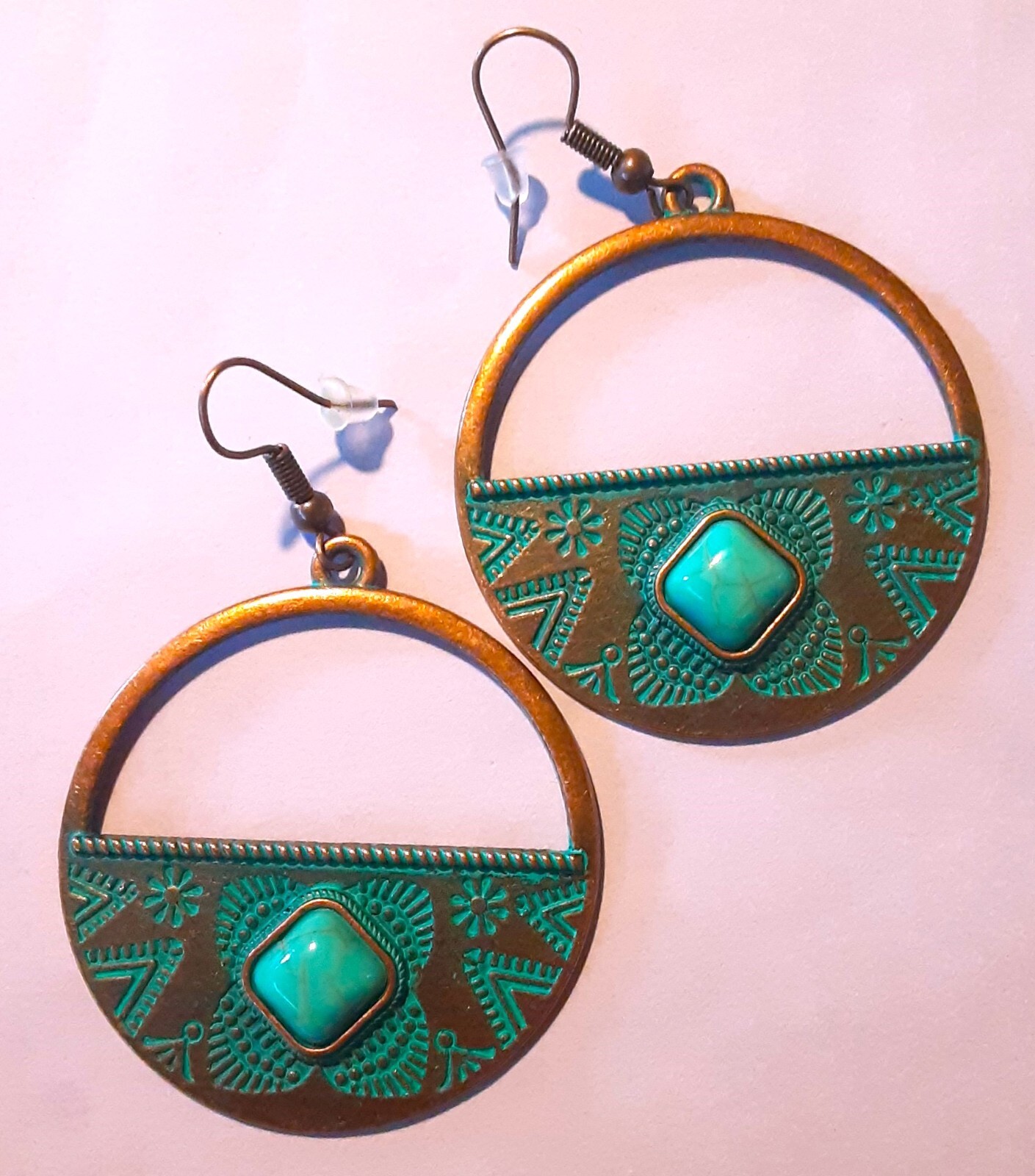 AGED COPPER & HOWLITE Tribal Inspired LARGE HOOPS earring FISH HOOK artisan #552