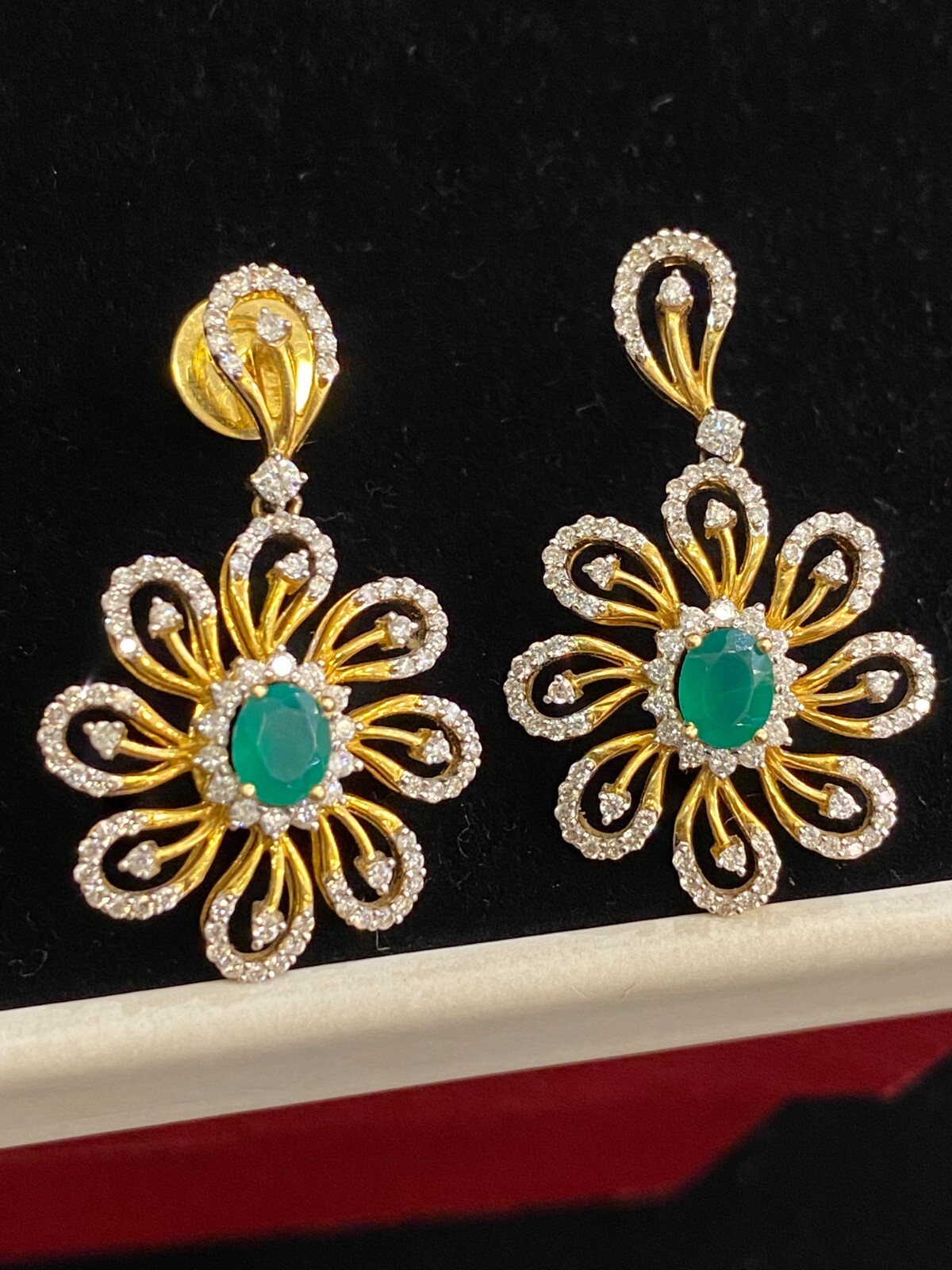 Stunning 1.86 Cts Round Brilliant Cut Diamonds Emerald Dangle Earrings 14K Gold