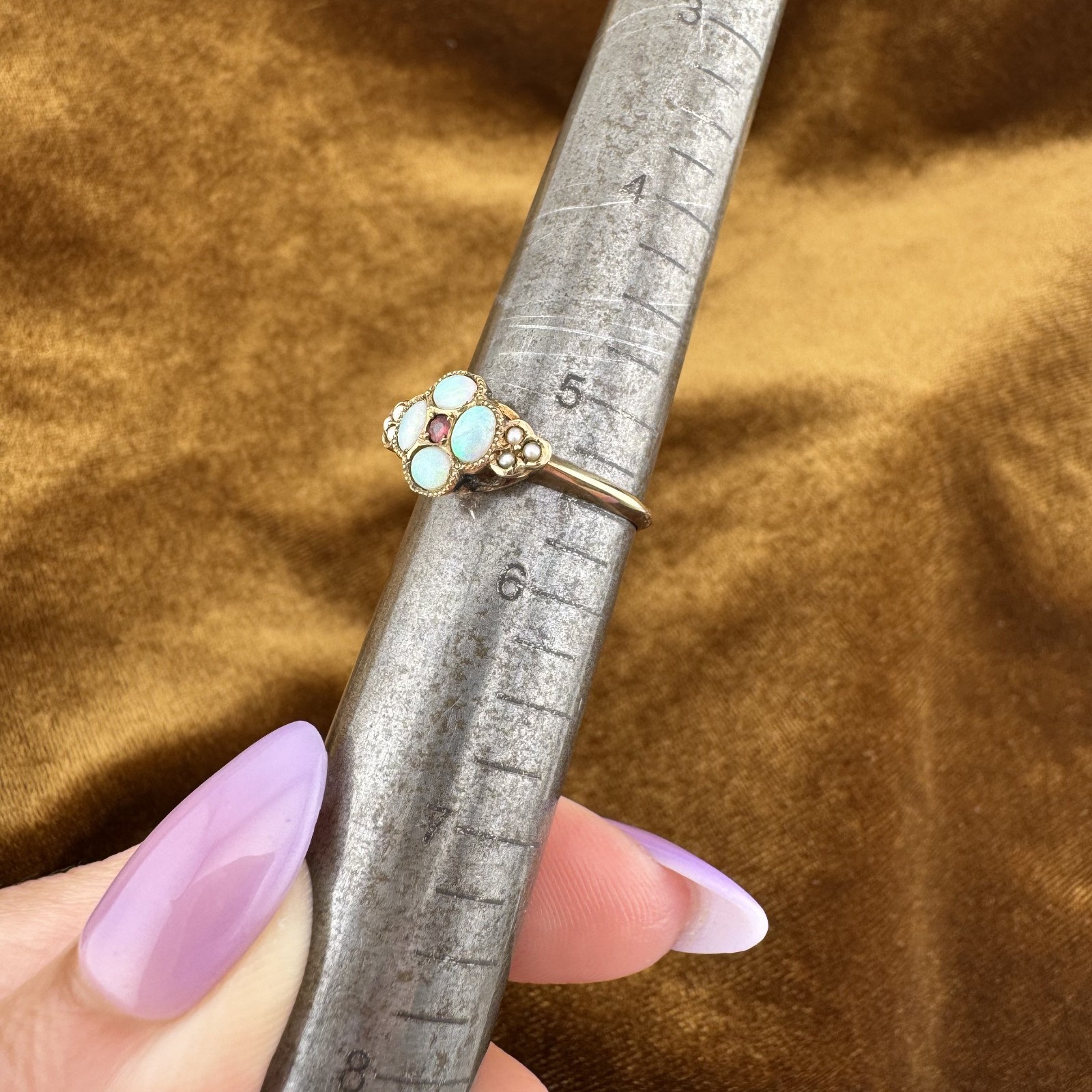 Antique Victorian 9K Yellow Gold Natural Opal & Seed Pearl Cluster Ring Size 5.5