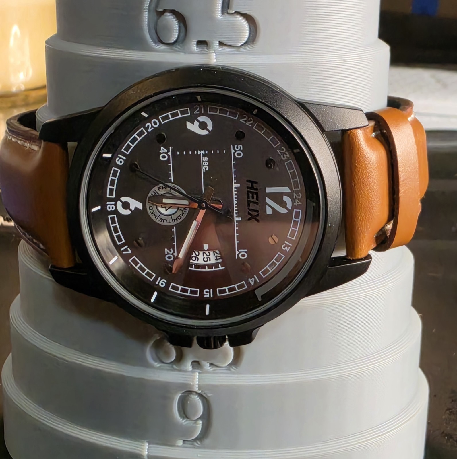 Helix Men’s Quartz By Timex Analog Date 30m Black Dial Black Case Leather Band.