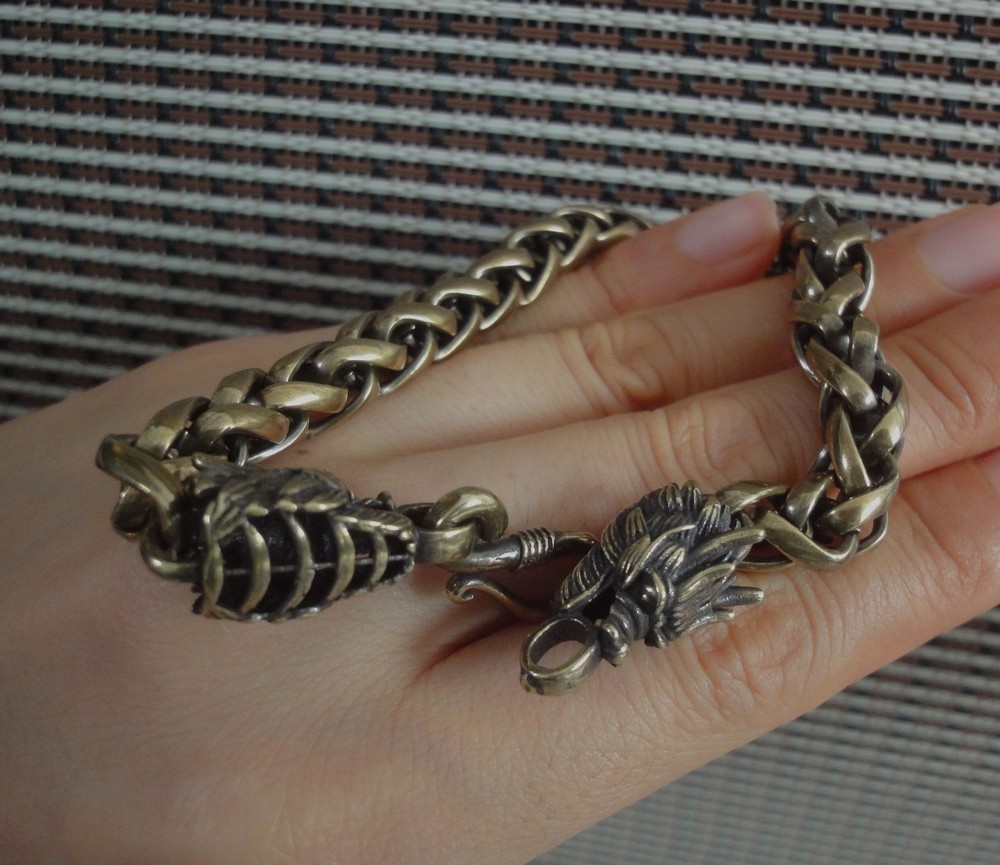 Vintage Style Brass Pure Copper Double Dragon Heads Figurine Bracelet