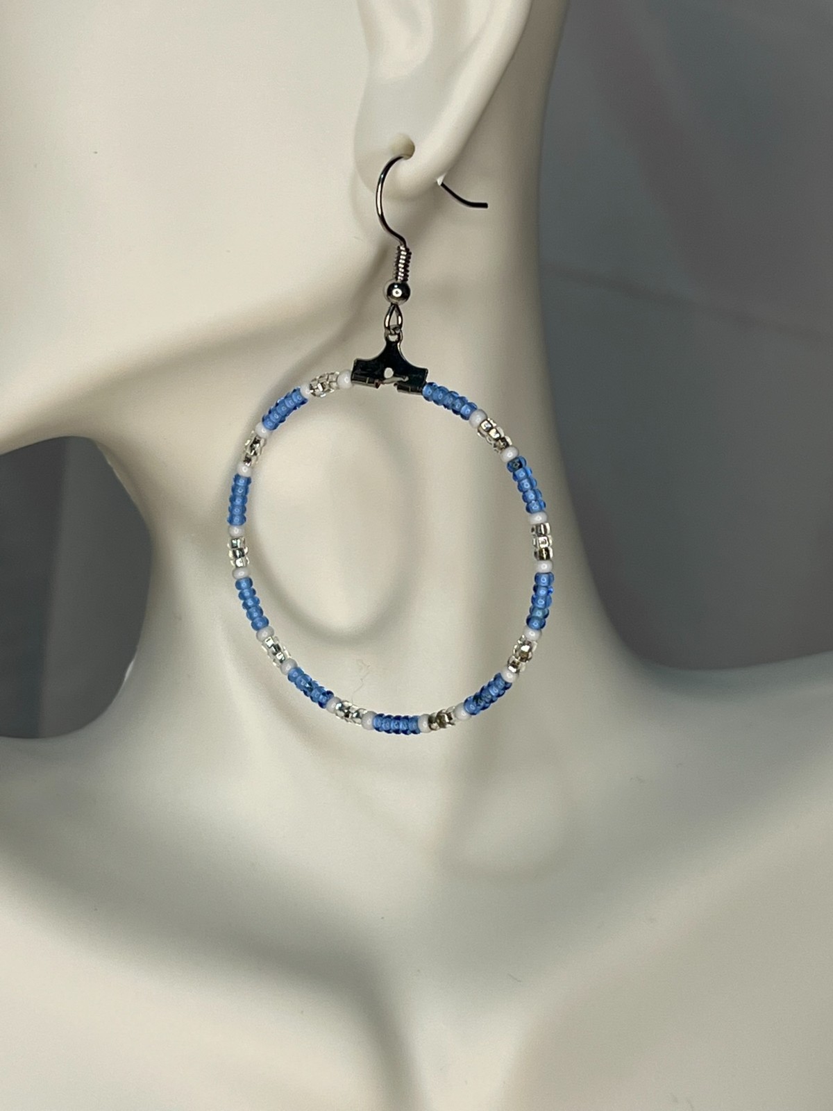 Handmade Beaded Earrings – Blue White Silver hoops