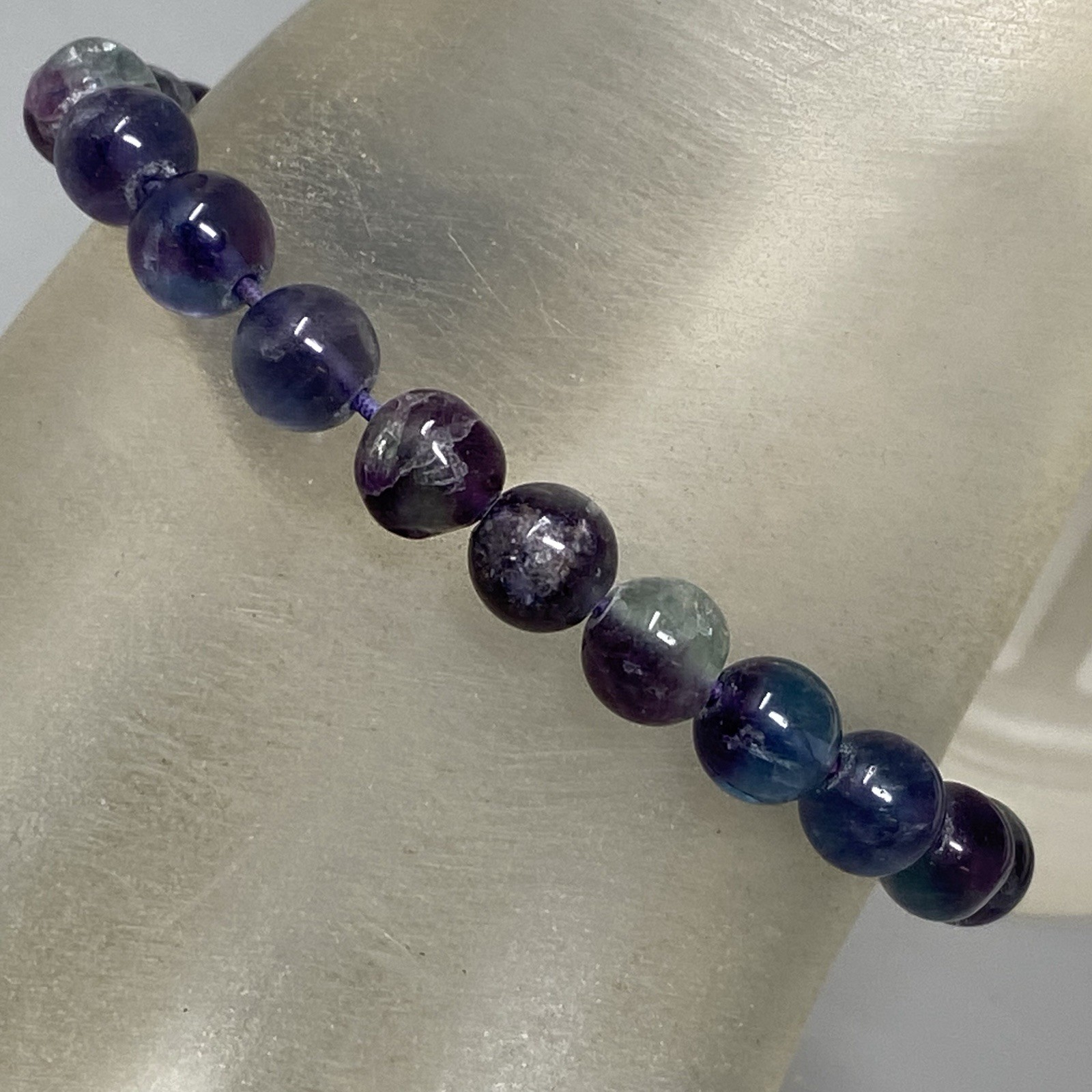 Designer AE Stone Beaded Bracelet Blue Purple Fluorite Stretch Energy 7″