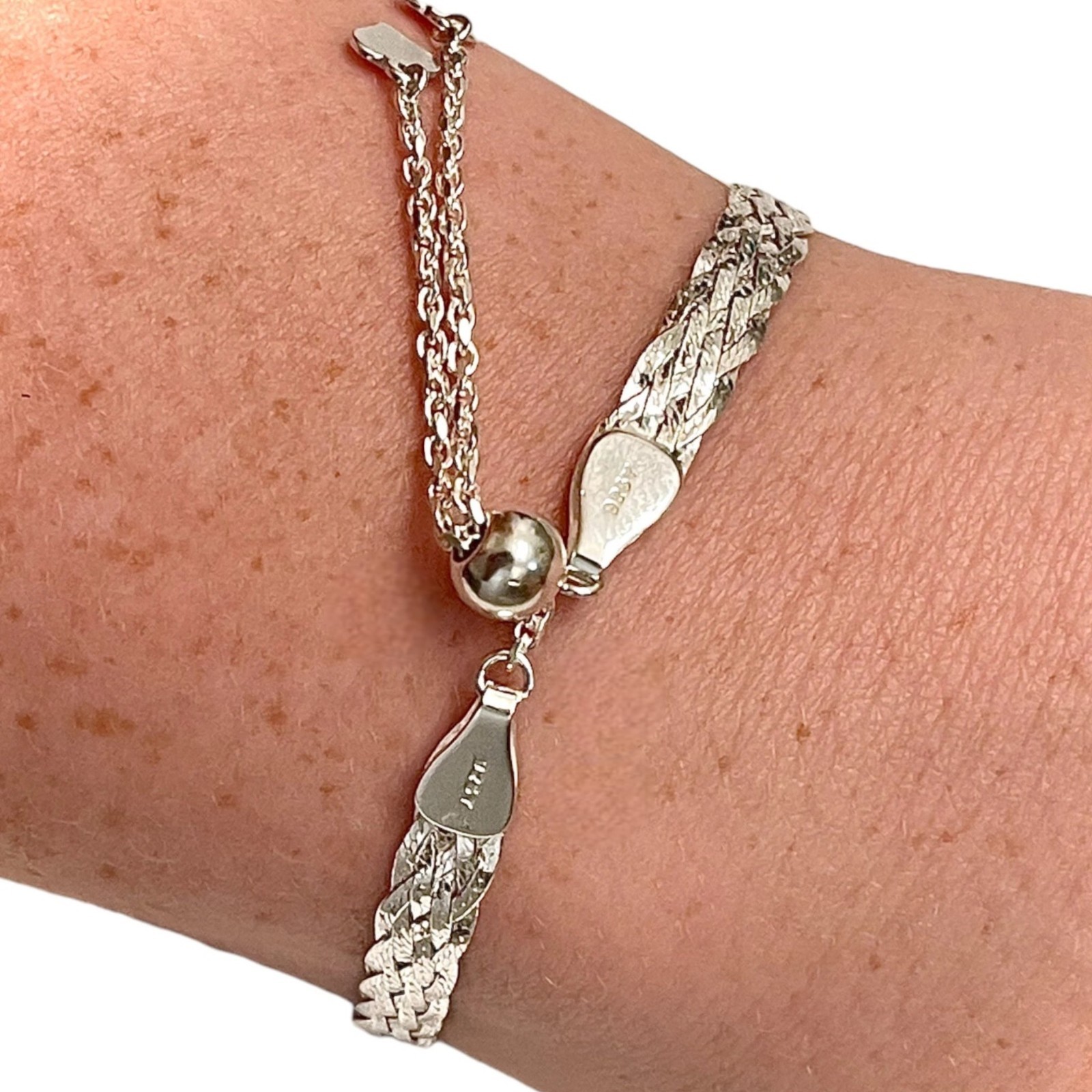 925 Sterling Silver Herringbone Bracelet Italy Adjustable Slider for Women