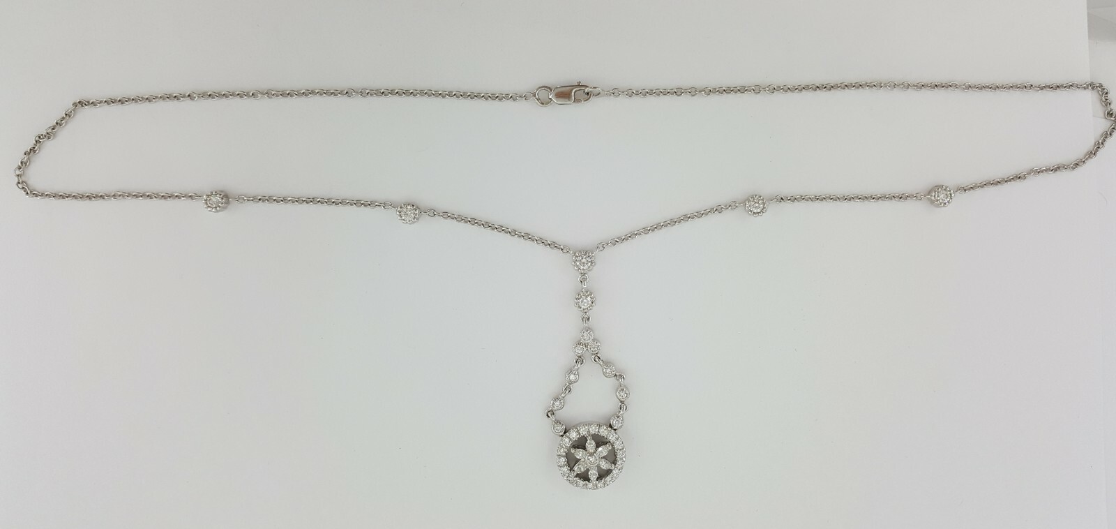 Round & Marquise Cut Diamond Drop Necklace 8.8 Grams 17″ 1.2 ct 14K White Gold
