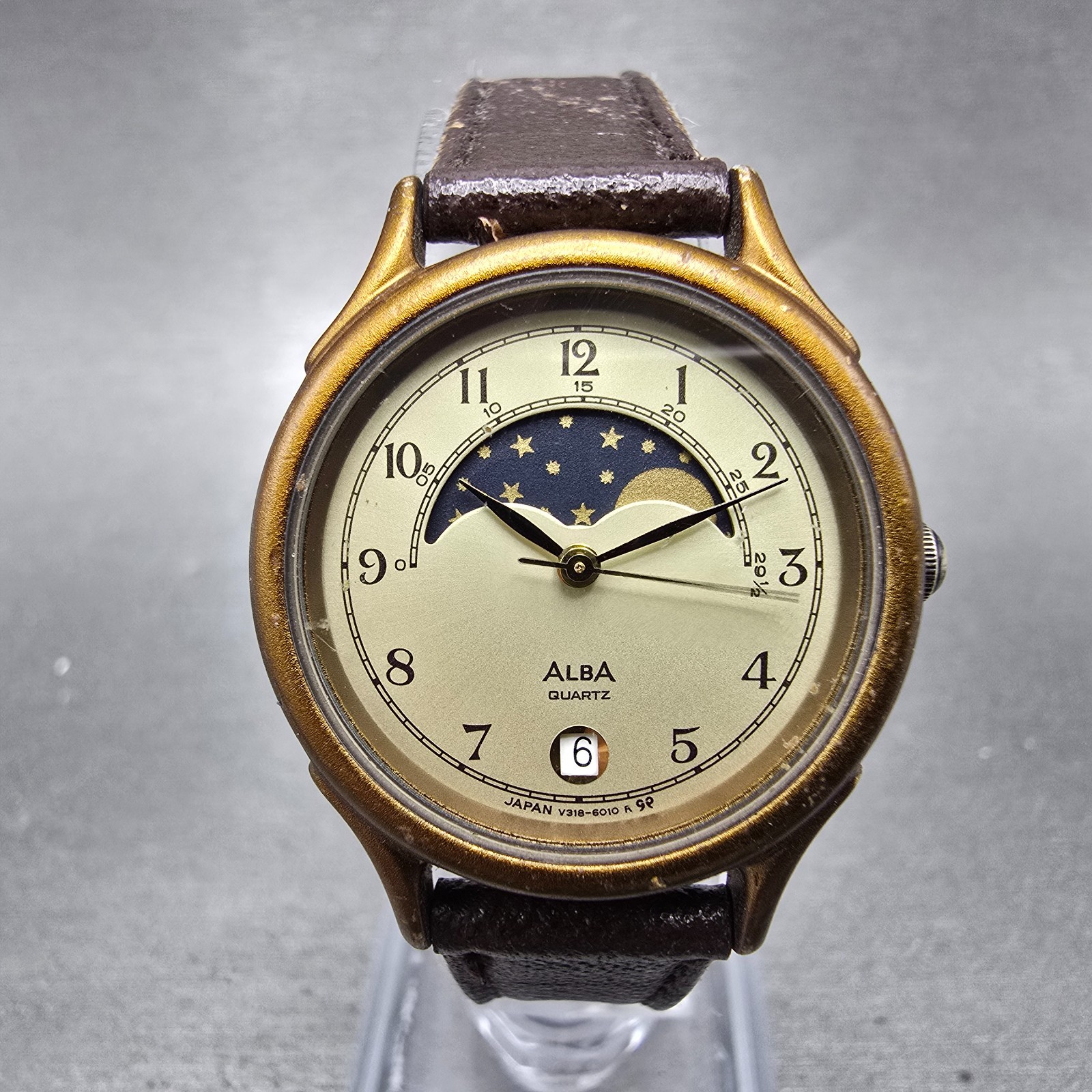 Seiko Alba Moon Phase Watch Women 27mm Champagne Dial Gold Tone Date New Batt GH
